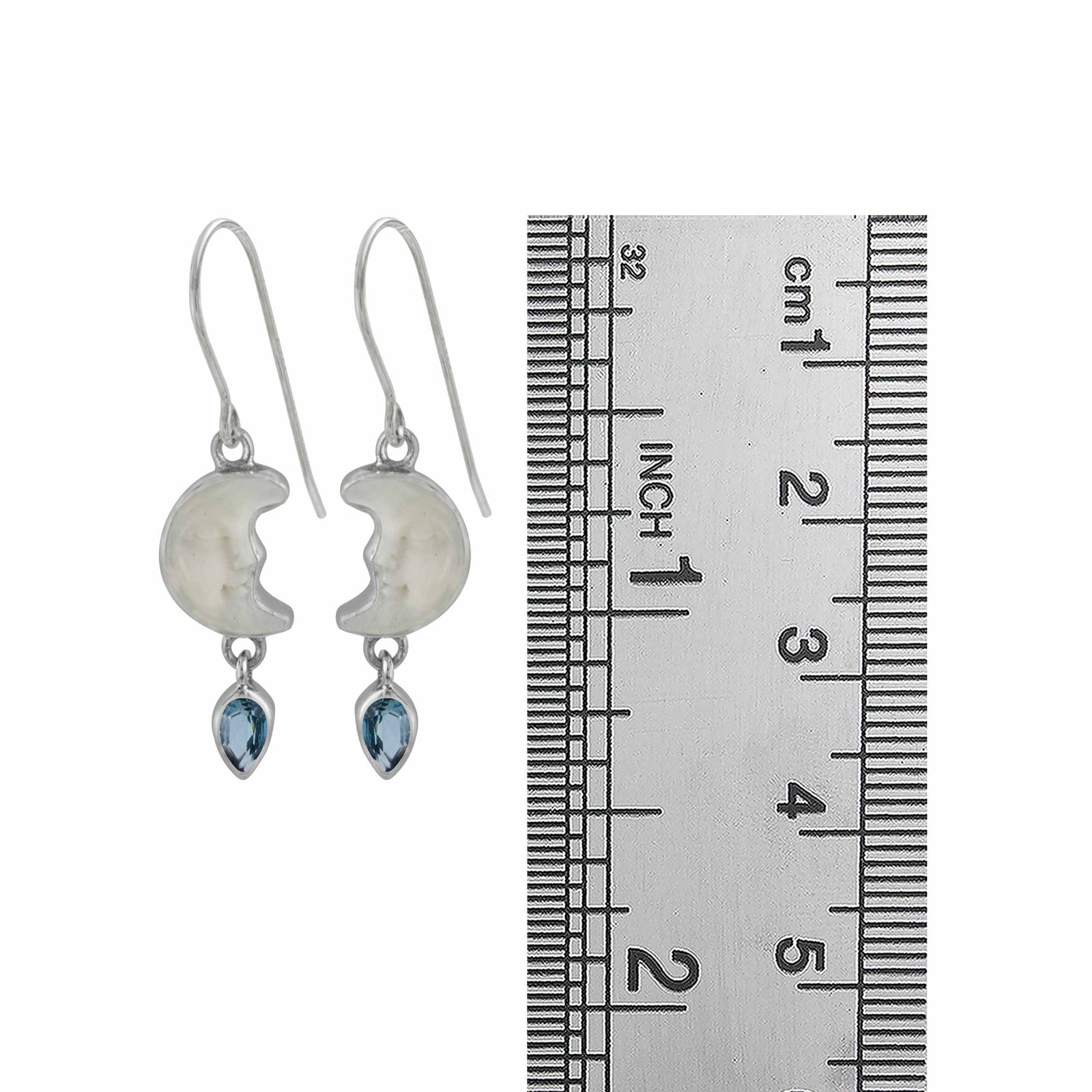 Sterling Silver Earring Half Moon Face With Blue Topaz Pear Facet