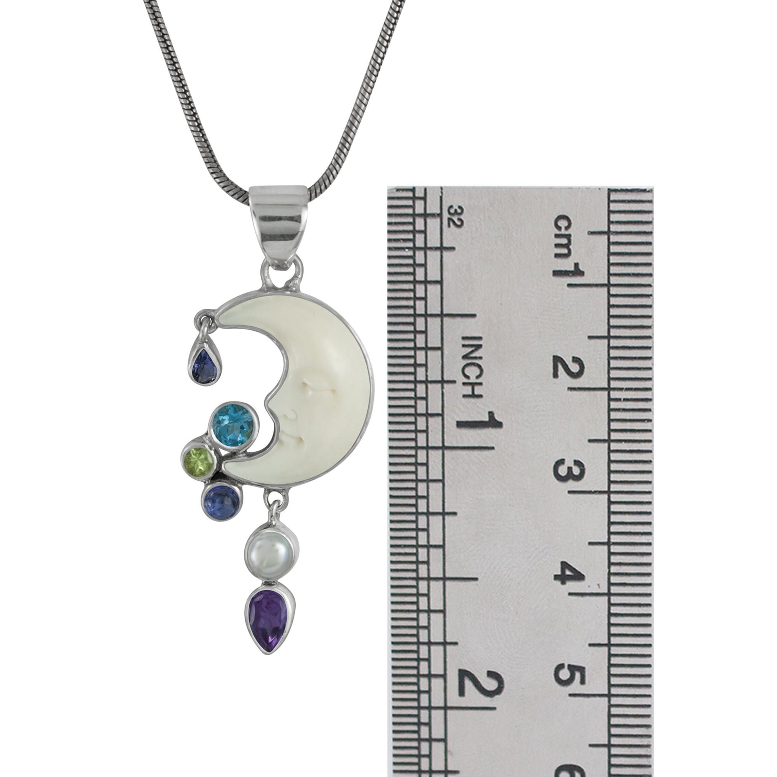 Sterling Silver Pendant Half Moon Face With Multi Stone