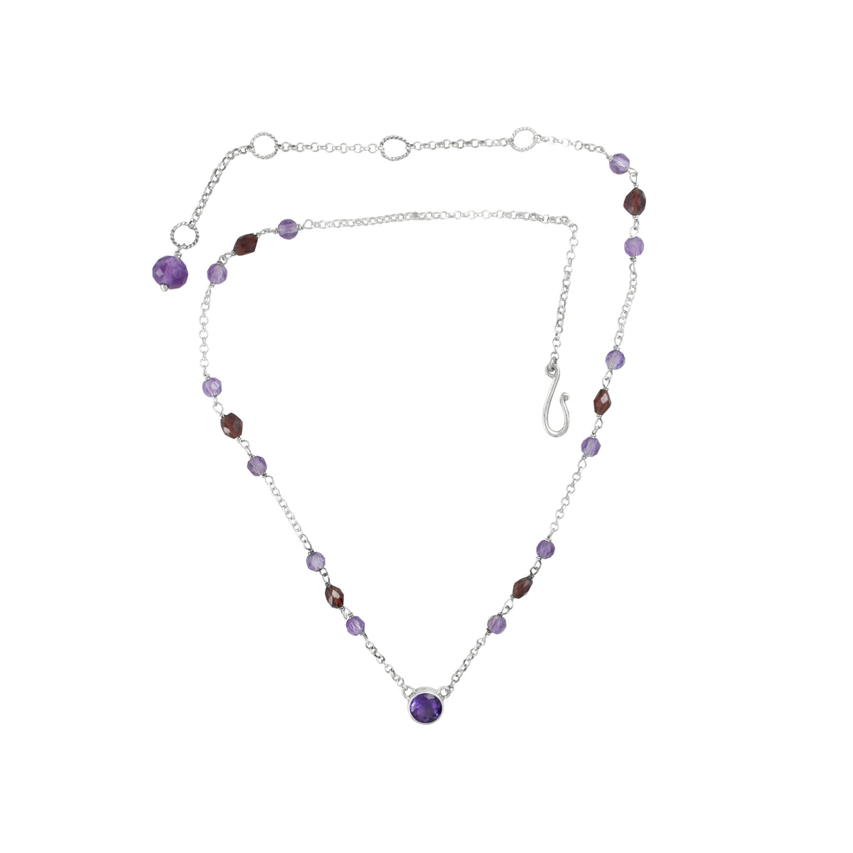Sterling Silver Necklace With Amethyst Round Facet And Bead Facet