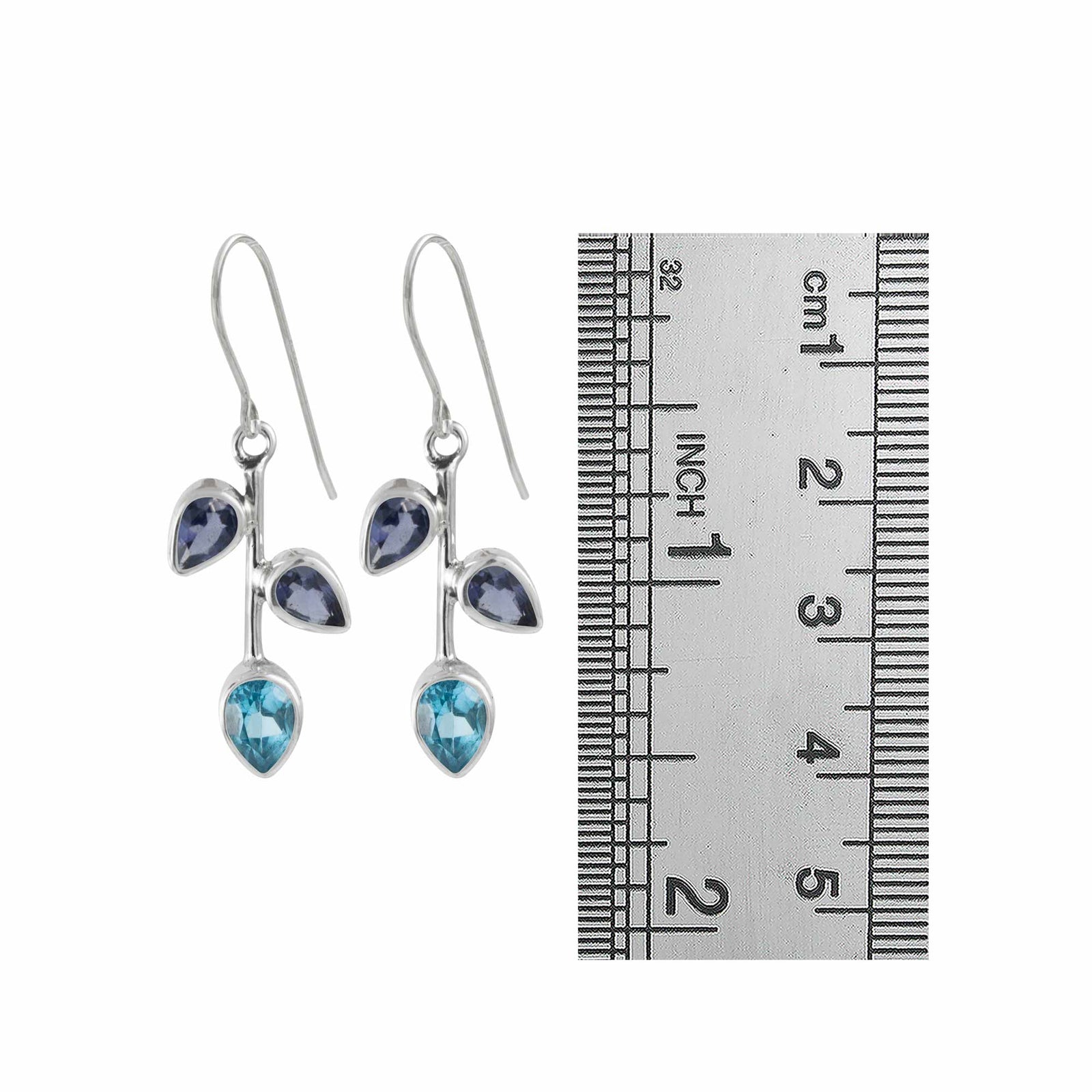 Sterling Silver Earring With  Iolite & Blue Topaz Pear Facet
