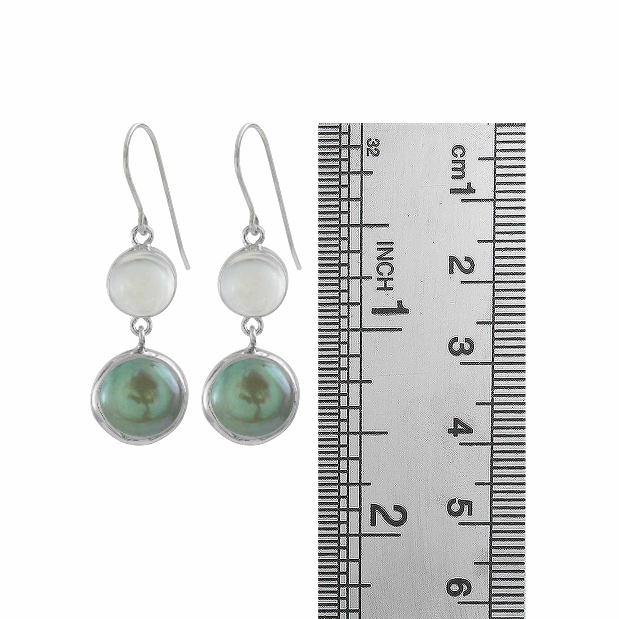 Sterling Silver Earring With Rainbowmoon Stone Round ,Pearl Green Drop