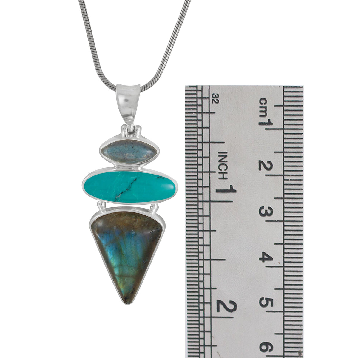Sterling Silver Pendant With 2 Labradorite, Turquoise Oval