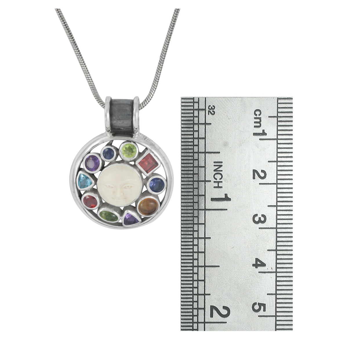 Sterling Silver Pendant With Multi Color Stone, Bone Face