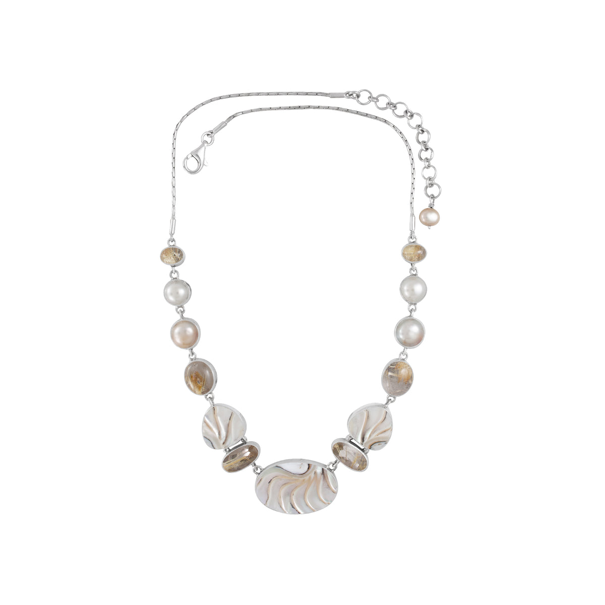Sterling Silver Necklace With Shell Nautilus Oval, Triangle, Pearl, Rutilated Quartz Oval