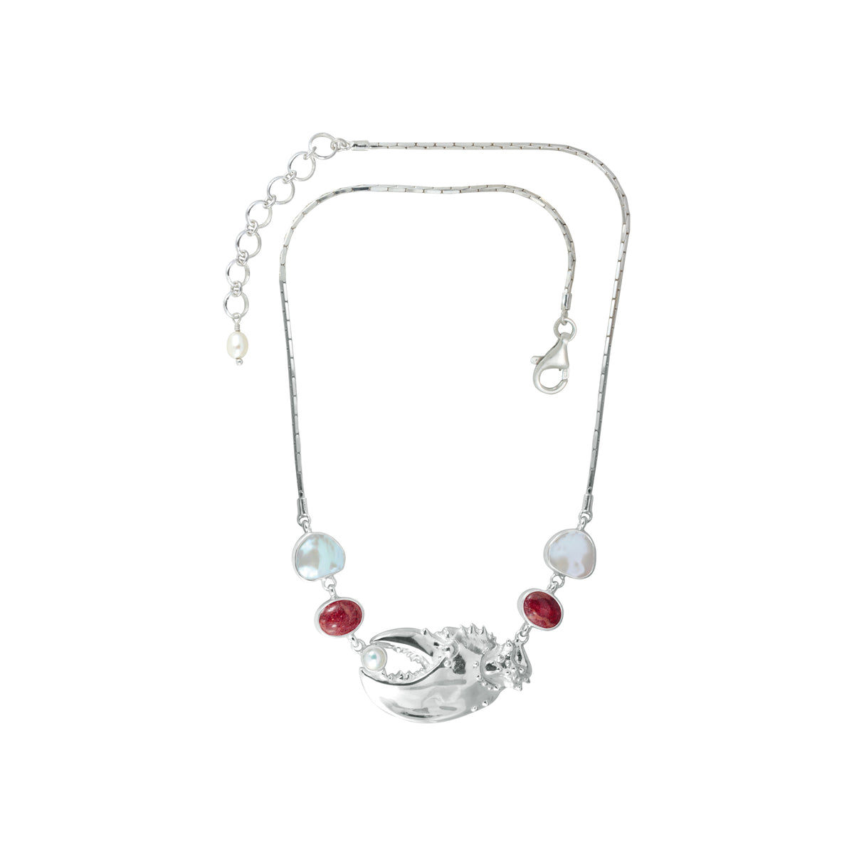 Sterling Silver Necklace Silver Claw With Pearl, Spone Coral, Pearl Keishi on Chain