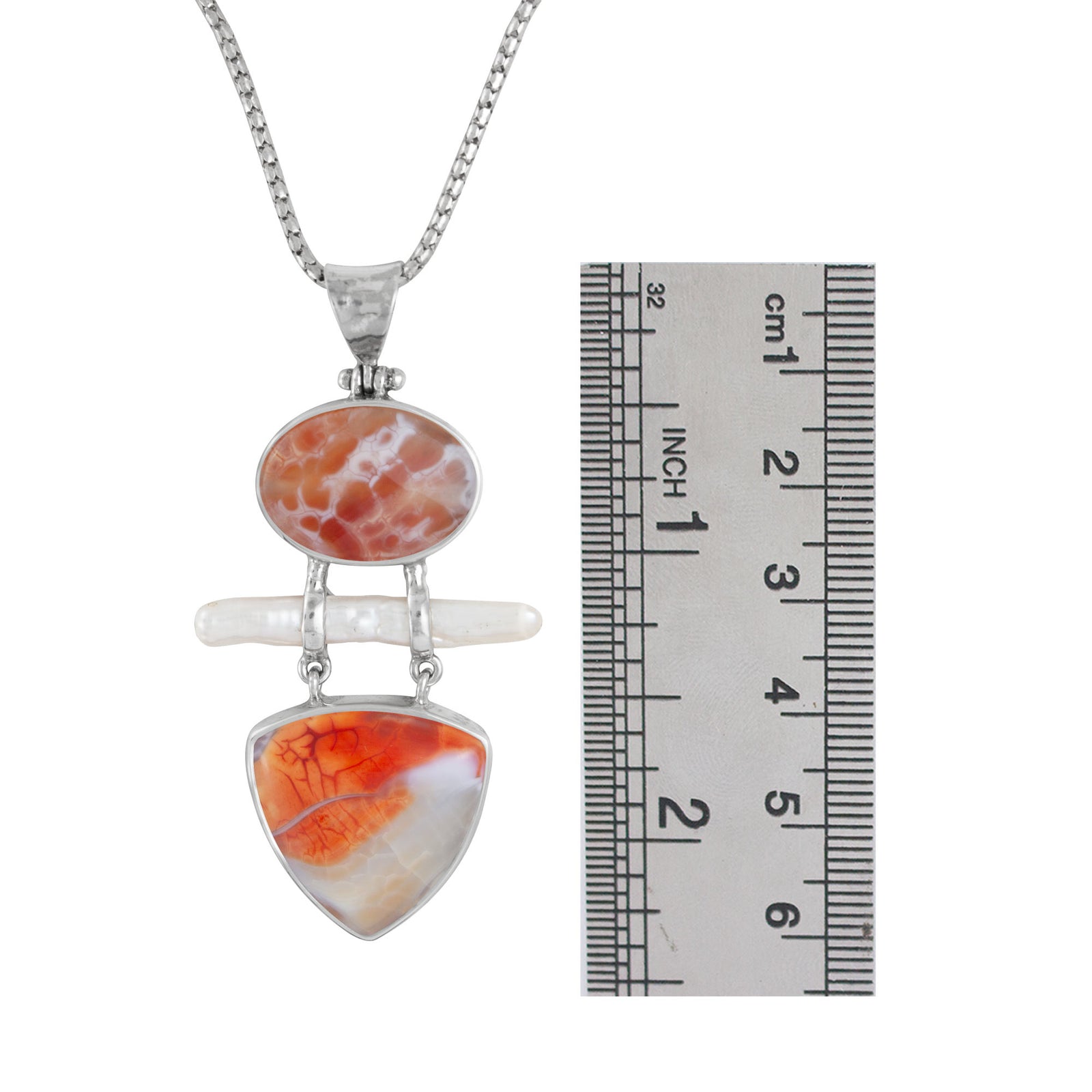 Sterling Silver Pendant With 2 Snake Skin Agate, Pearl Biwa Pink