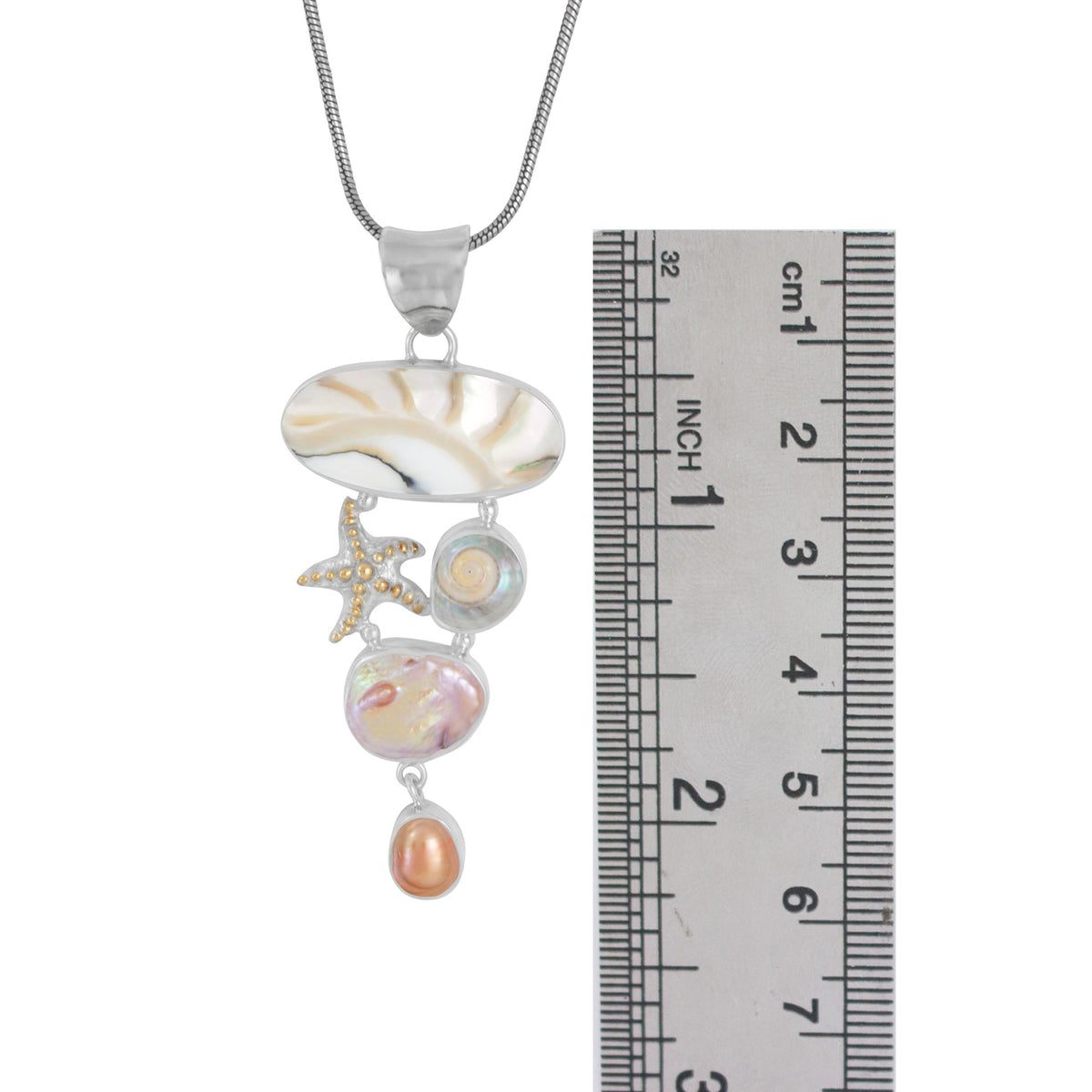 Sterling Silver Pendant With Star Component, Shell Malabar Turbos, Pearl