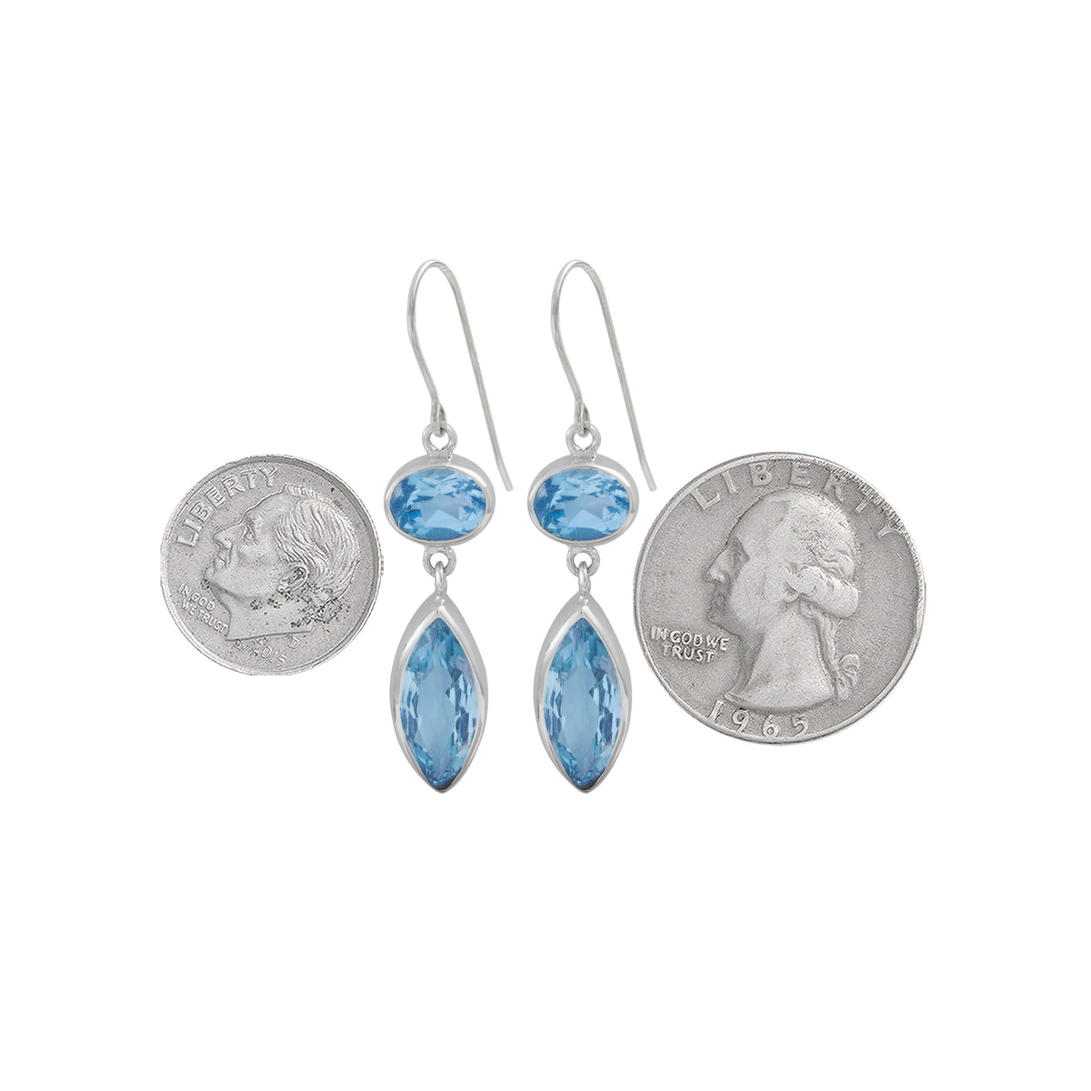 Sterling Silver Earring With Blue Topaz Marquoise &amp; Oval Facet
