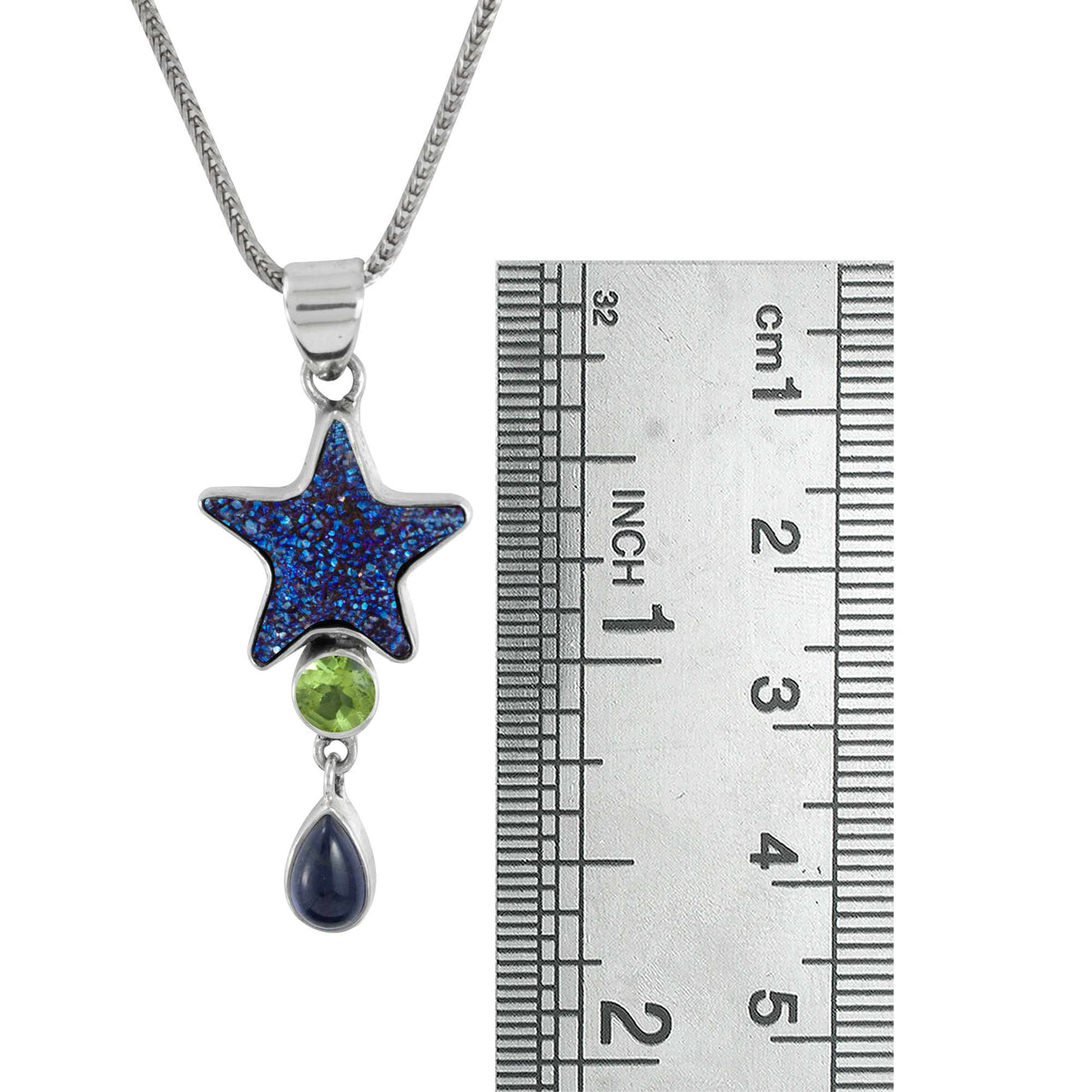 Sterling Silver Star Druzy Pendant With  Peridot Round Facet, Iolite Pear Cab