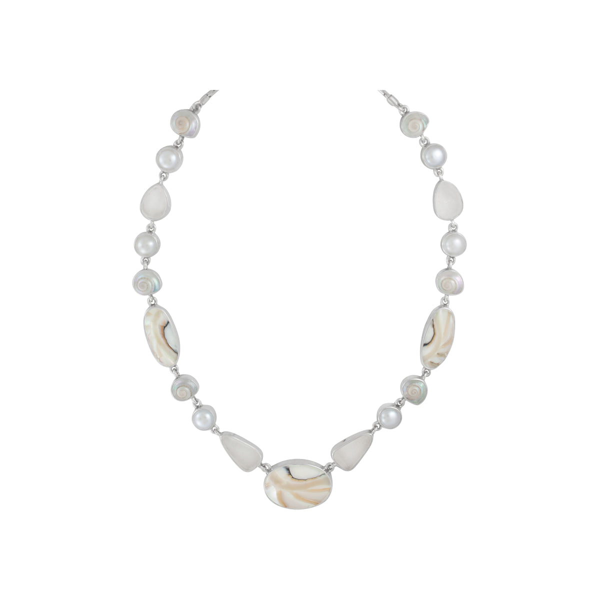 Sterling Silver Necklace With Shell Nutilas Oval, Pearl, Sea Glass White, Shell Spiral &amp; Malabar Turbos