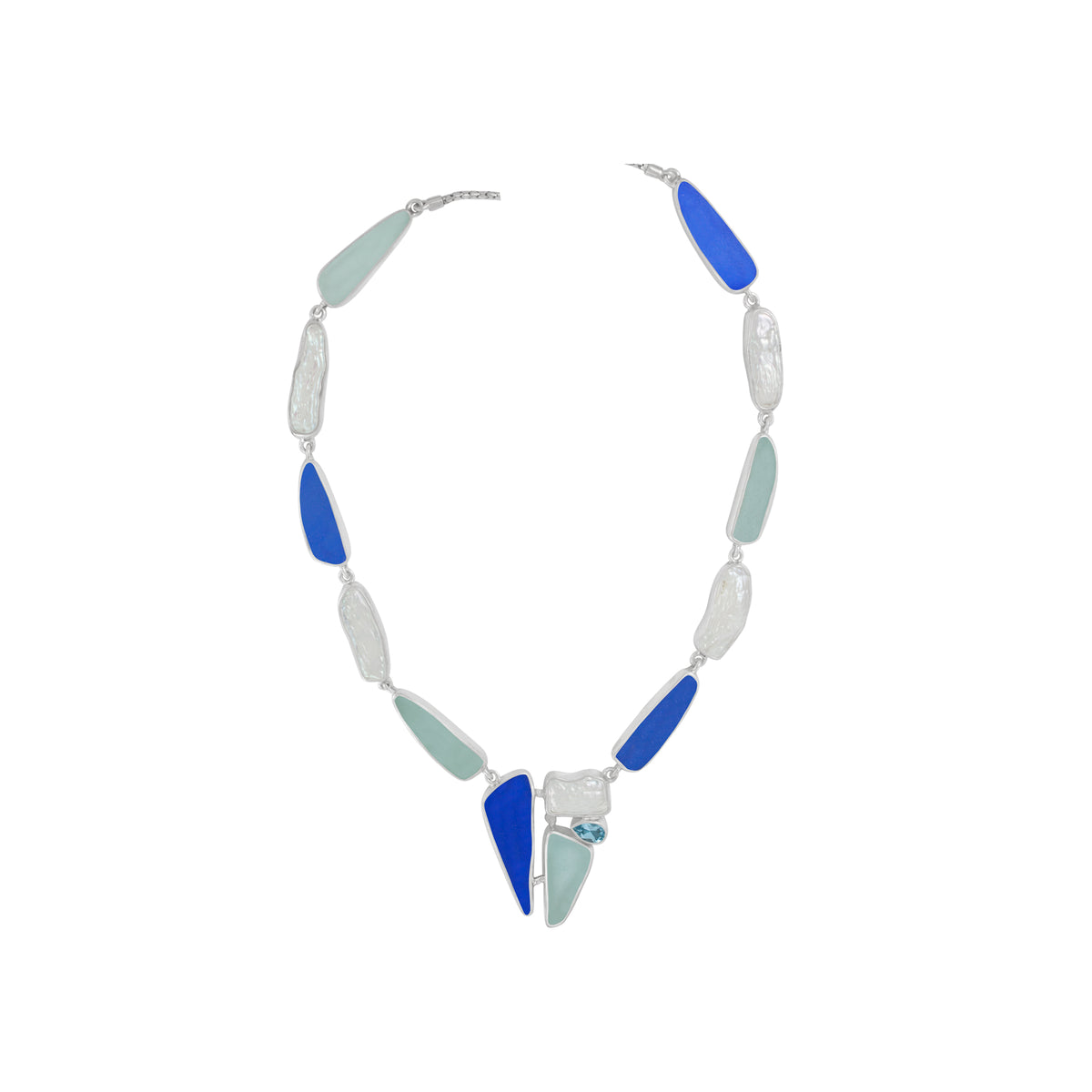 Sterling Silver Necklace With Sea Glass Aqua And Blue, Pearl, Blue Topaz Pear Facet