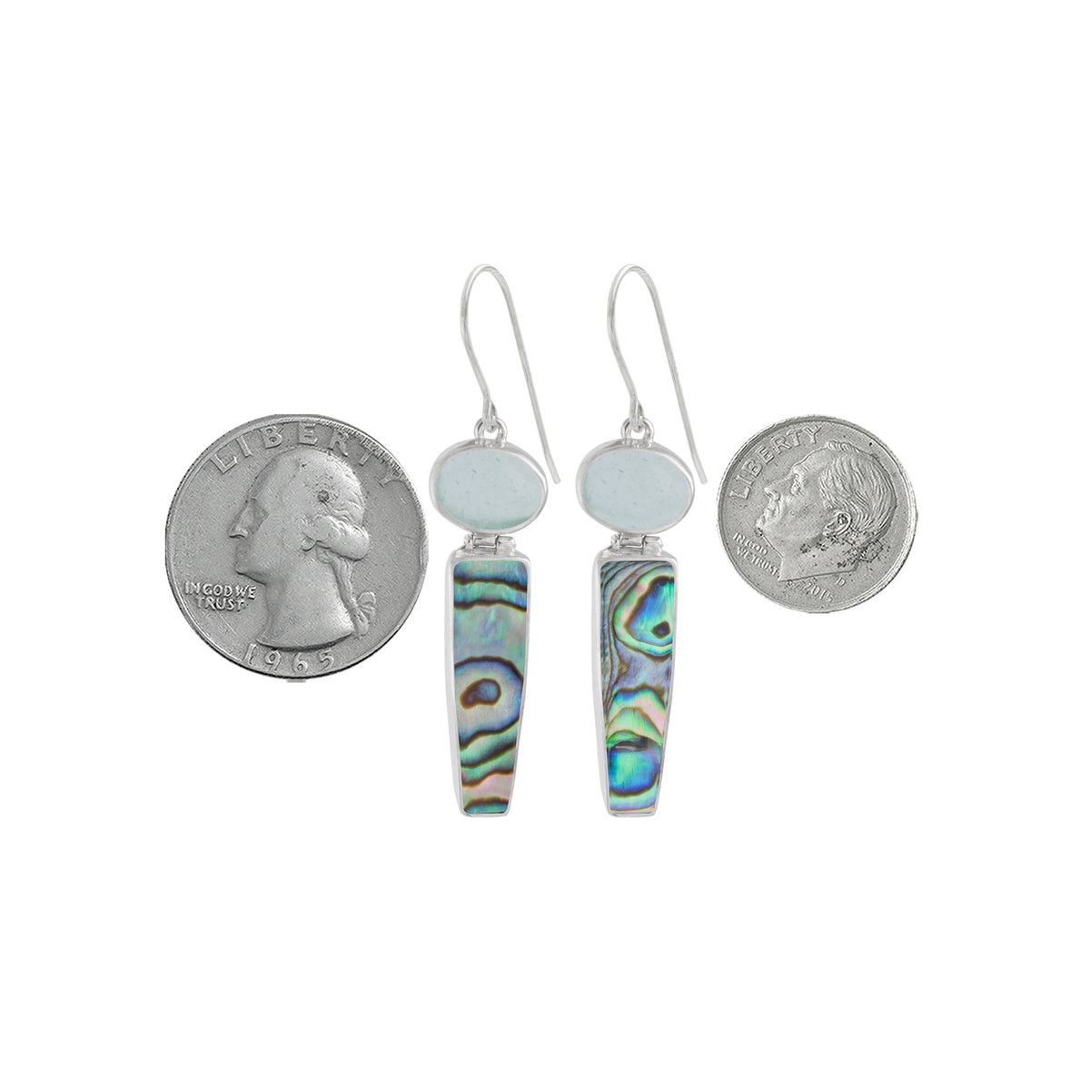 Sterling Silver Earring With Sea Glass Aqua, Paua Rectangle Drop