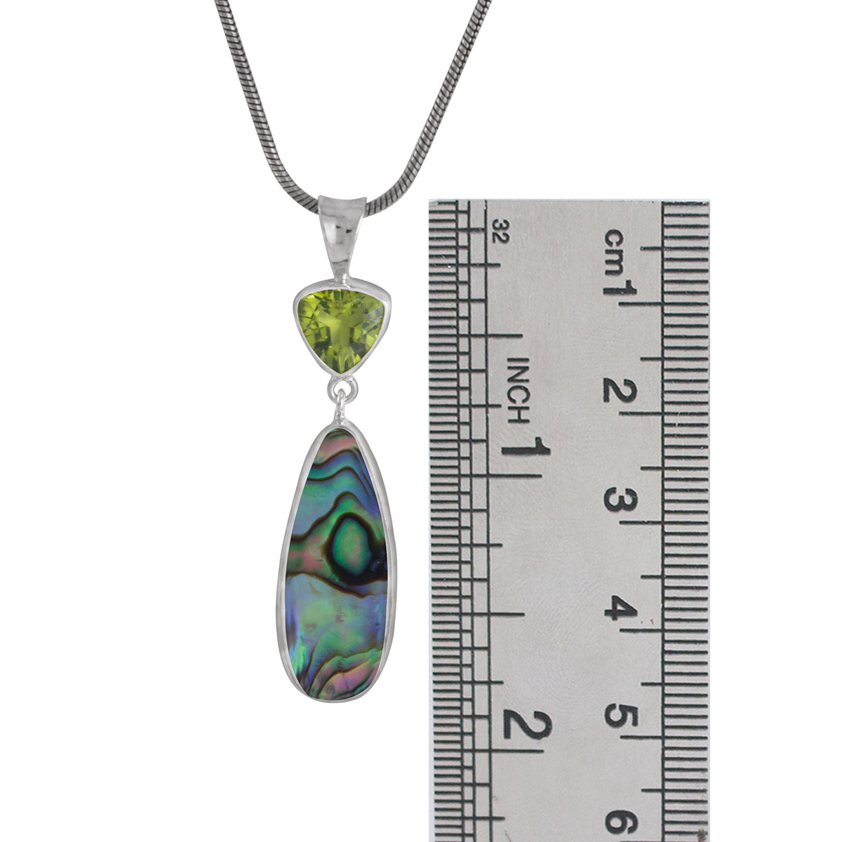 Sterling Silver Pendant With Peridot Triangle, Paua Tongue Drop