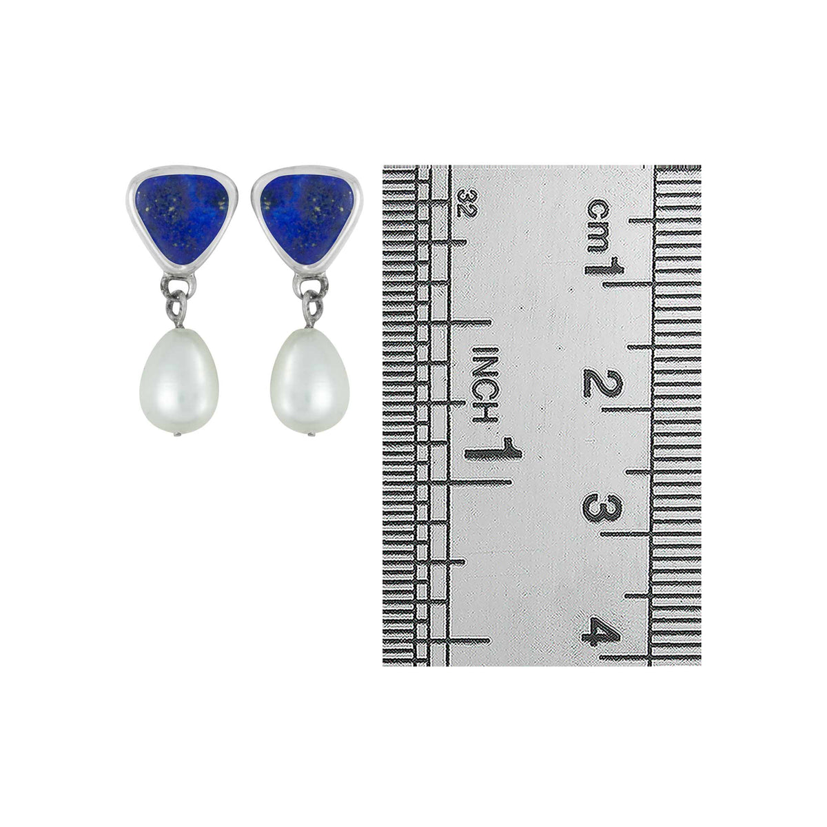 Sterling Silver Earring With  Lapis Triangle, Pearl Drop
