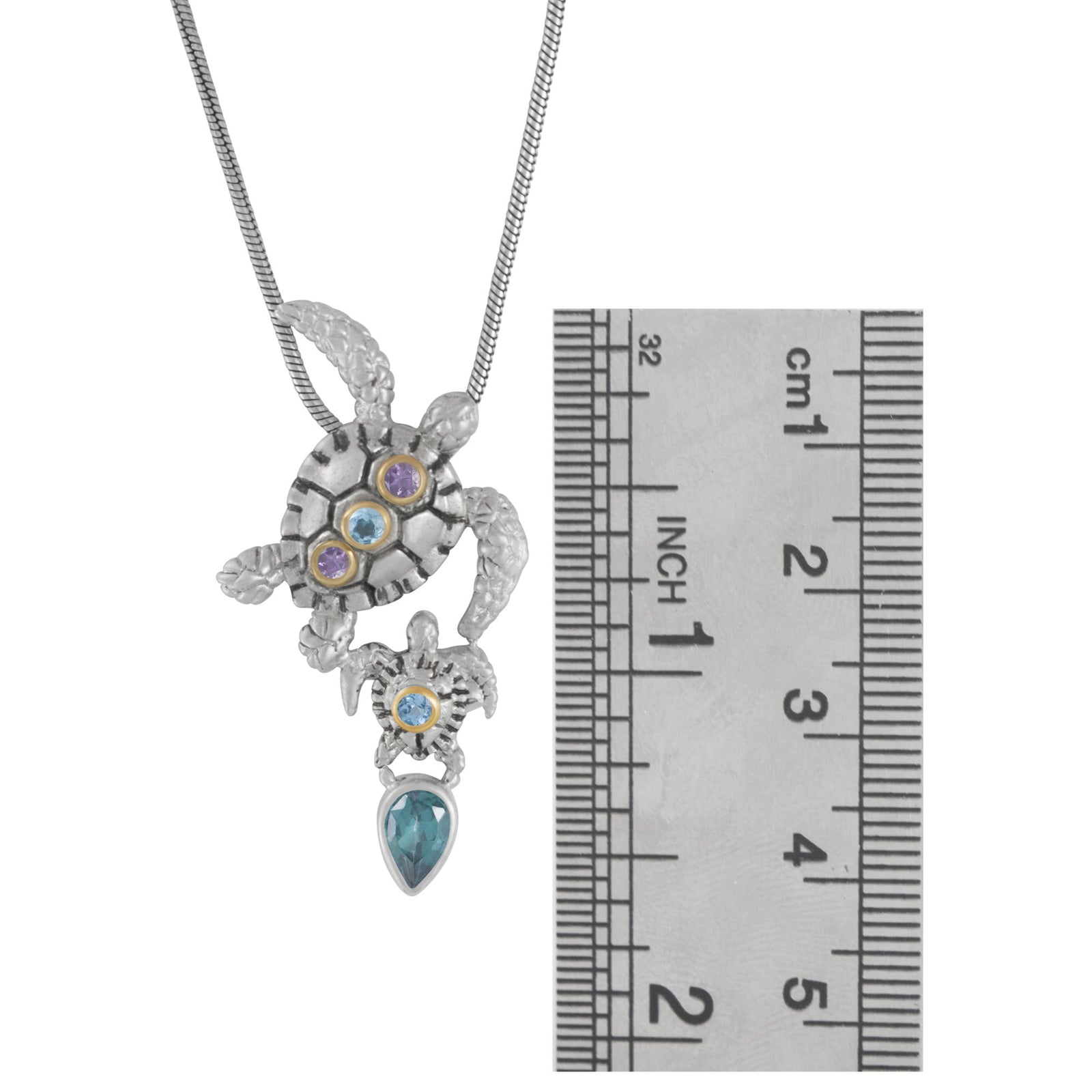 Sterling Silver Pendant Turtle Component With Blue Topaz, Amethyst Round Facet