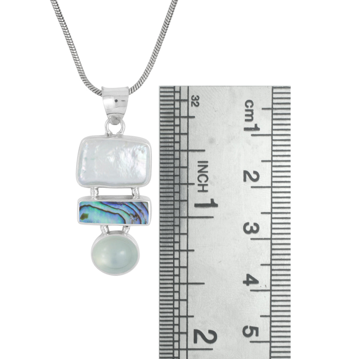 Sterling Silver Pendant With Pearl, Paua Recktangle, Green Moon Oval