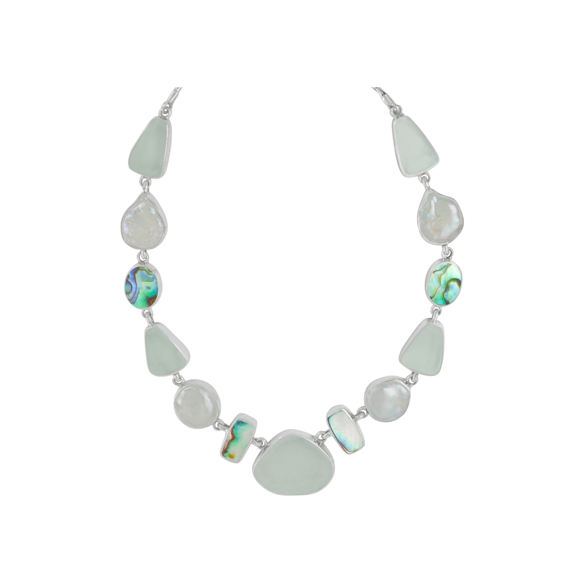 Sterling Silver Necklace With Paua Shell, Sea Glass Aqua, Pearl