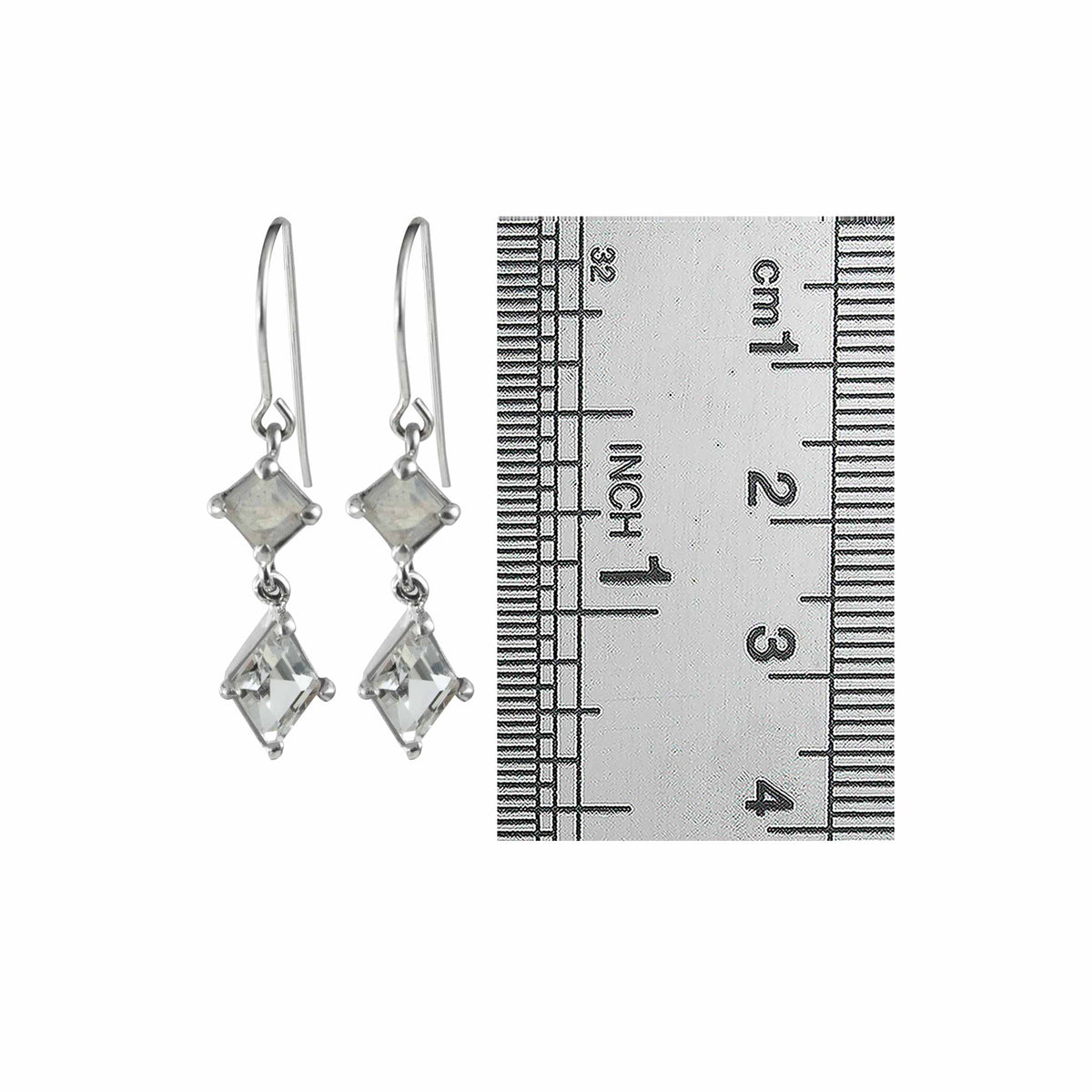 Sterling Silver Earring With Rainbow moon Stone Square Facet, White Topaz Diamond