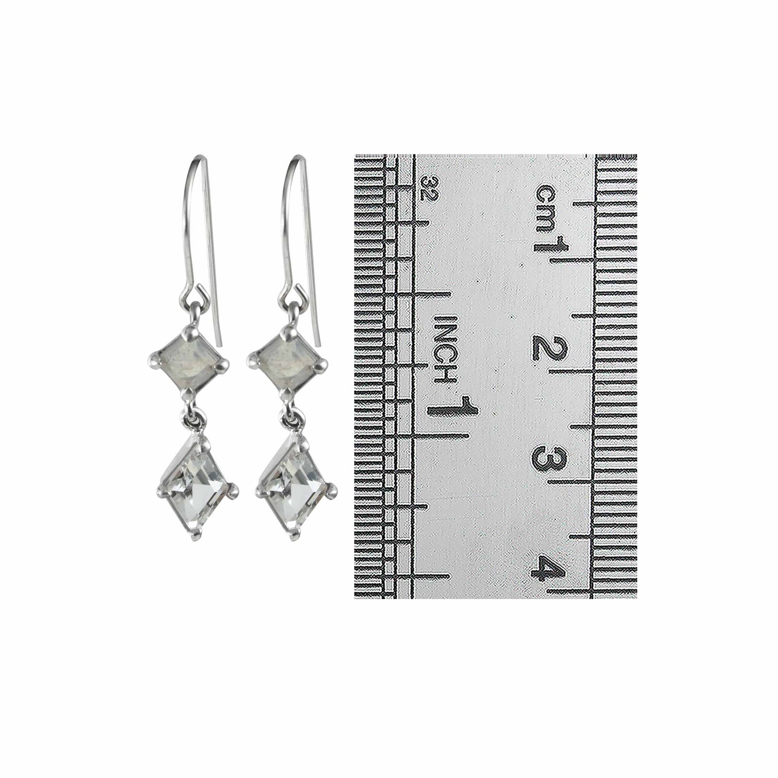 Sterling Silver Earring With Rainbow moon Stone Square Facet, White Topaz Diamond