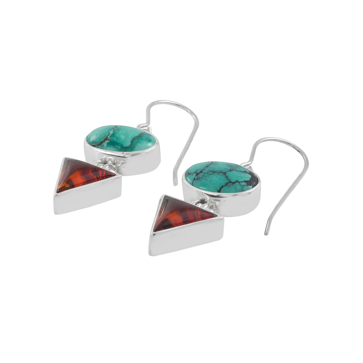 Sterling Silver Earring With Turquoise Oval, Amber Triangle Stone