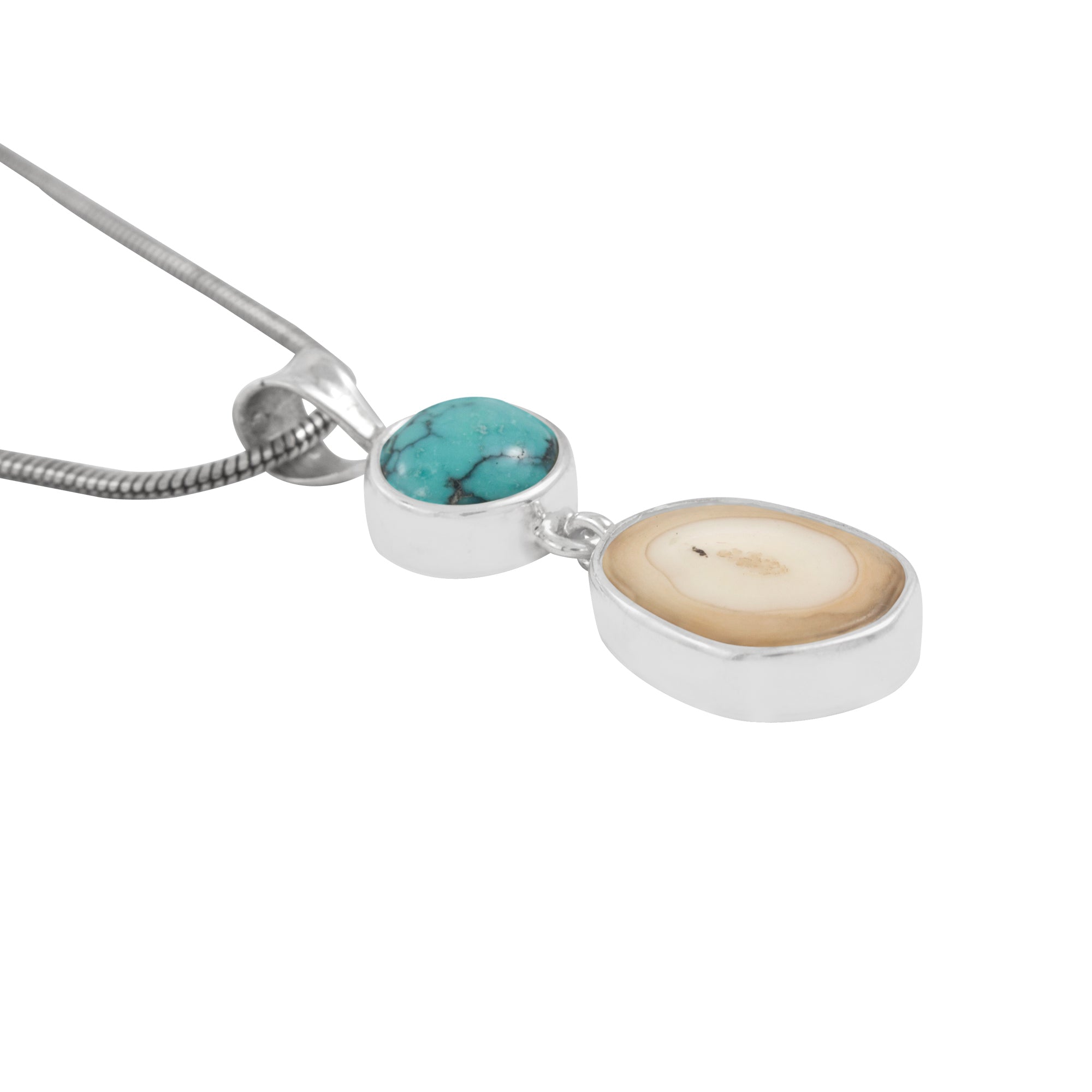 Sterling Silaver Pendant With Turquose Round, Fossil Ivory Drop