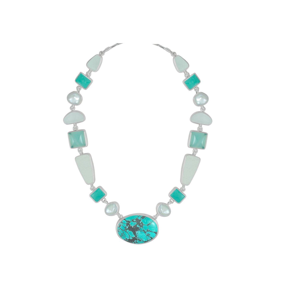 Sterling Silver Necklace With Turquoise, Sea Glass Aqua, Pearl
