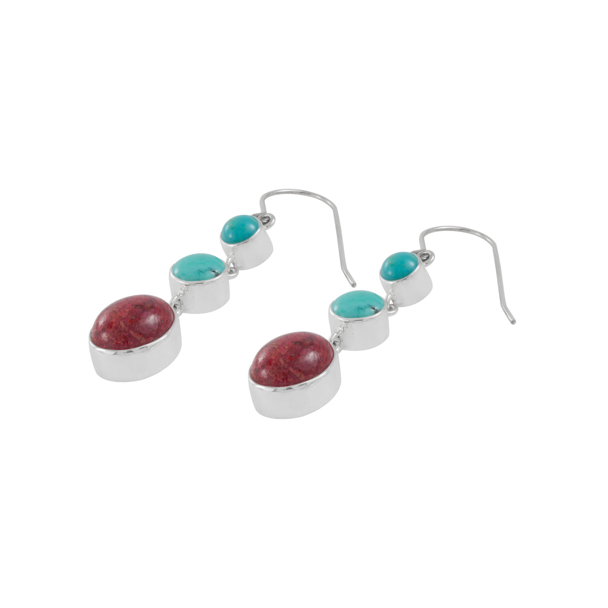 Sterling Silver Earring With 2 stone Turquoise Round, Coral Oval Drop