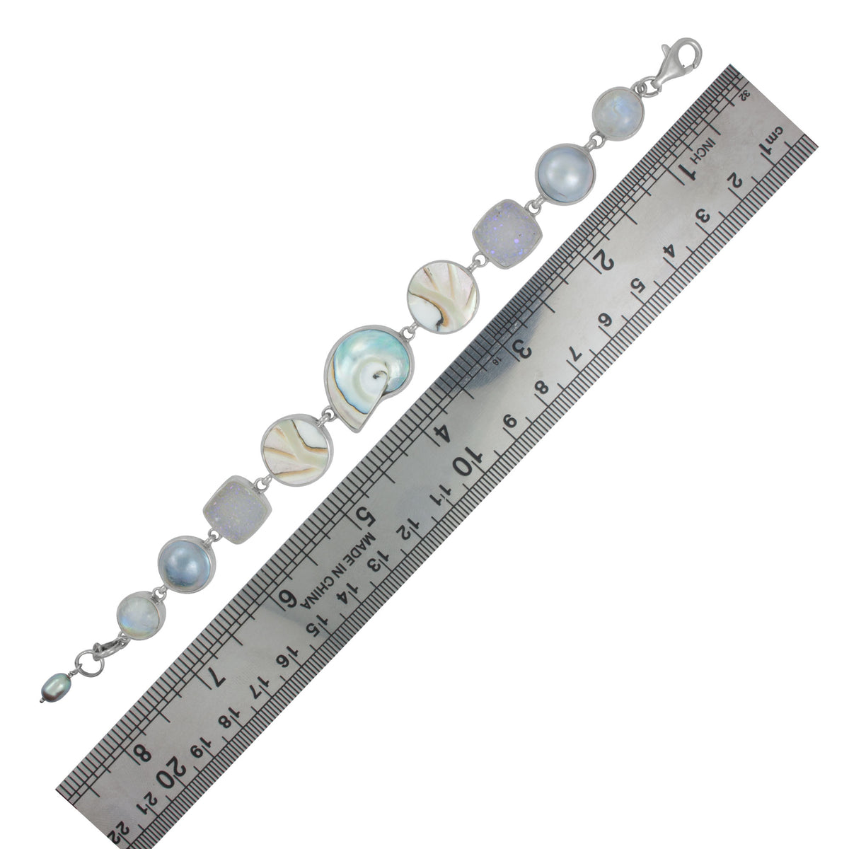 Sterling Silver Bracelet With Shell Nautilas, Druzy Opal, Mabe Pearl, Rainbowmoon Stone
