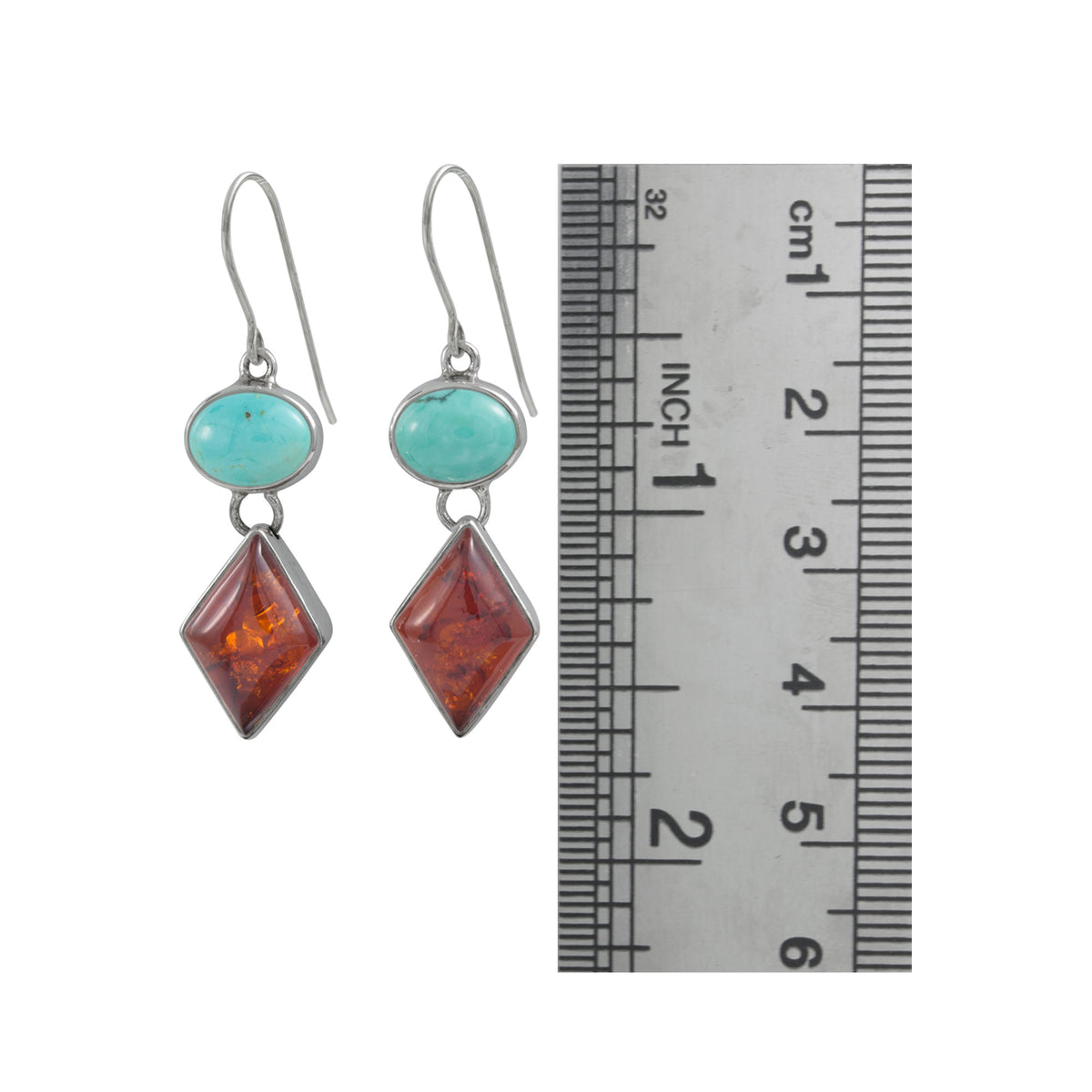 Sterling Silver Earring With Turquoise Oval And Amber Diamond Drop
