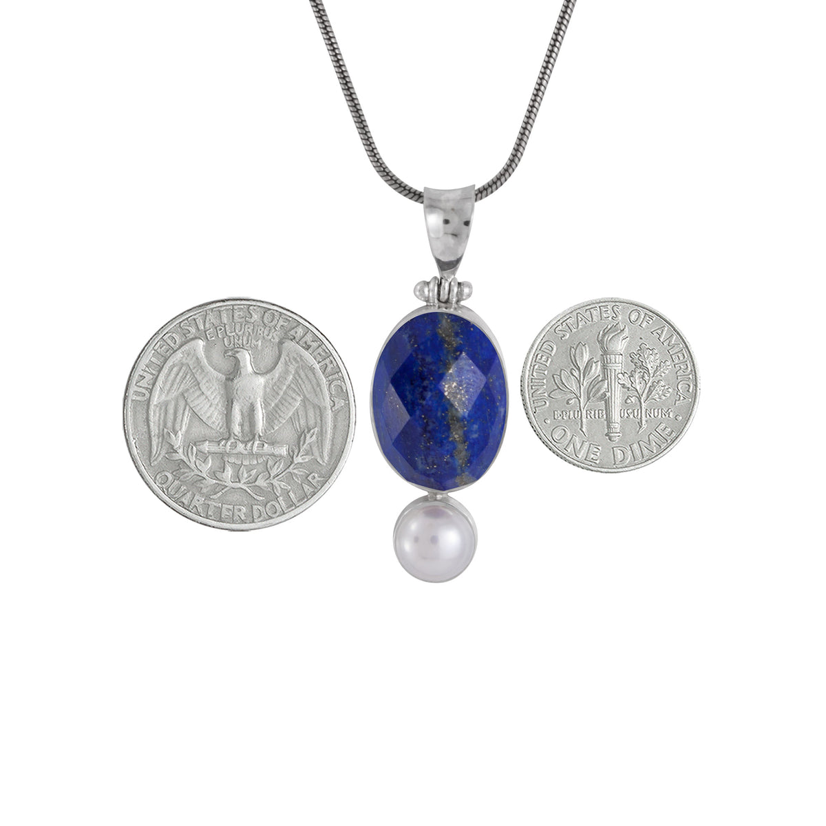 Silver Pendant  With Lapis And Pearl