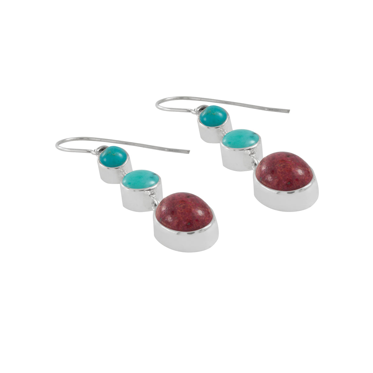 Sterling Silver Earring With 2 stone Turquoise Round, Coral Oval Drop