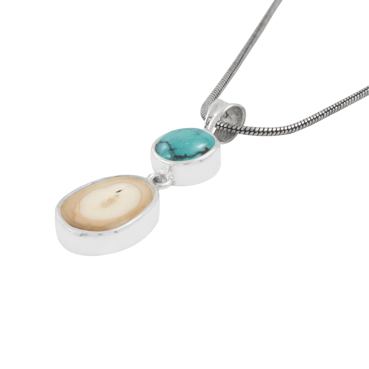 Sterling Silaver Pendant With Turquose Round, Fossil Ivory Drop