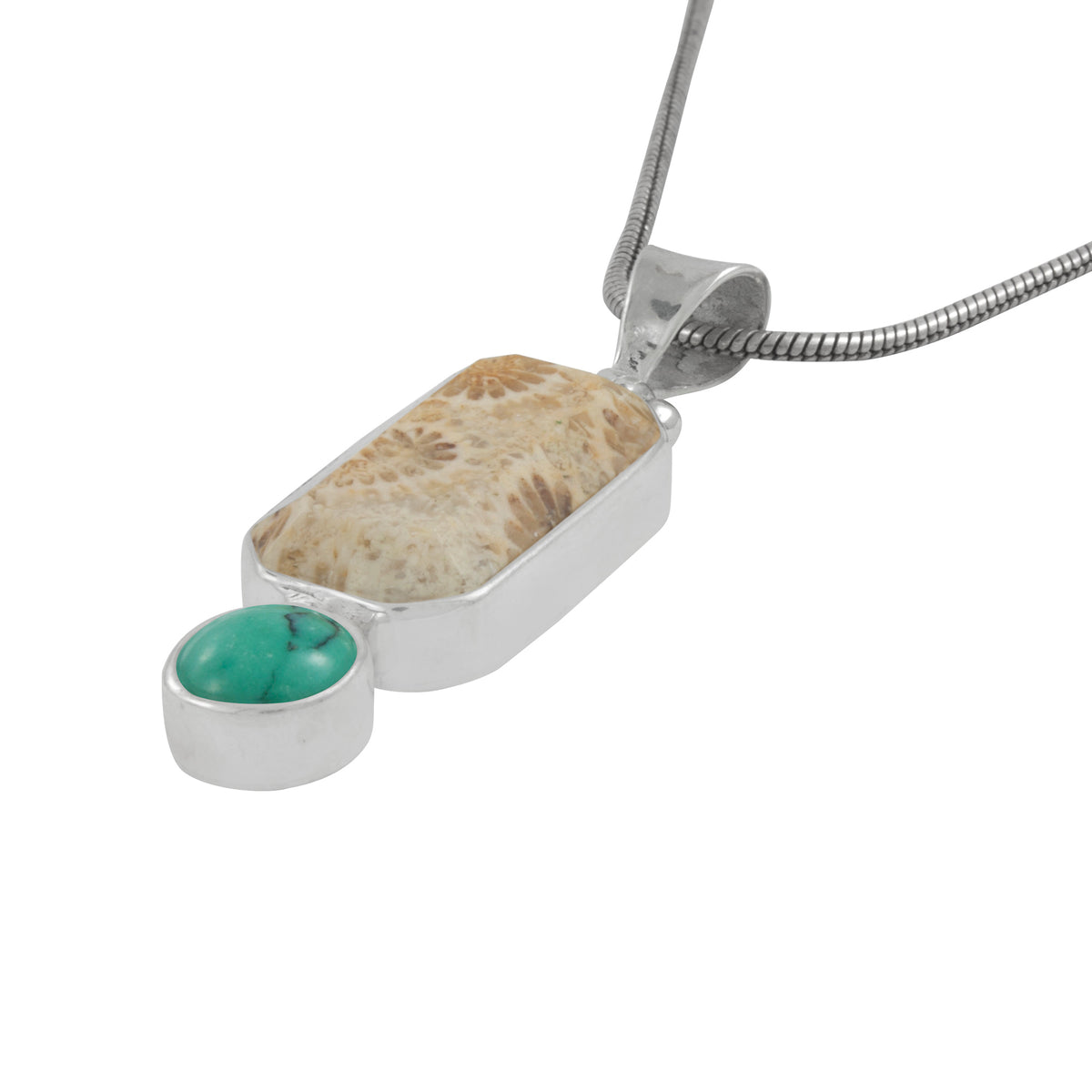 Sterling Silver Pendant With Coral Rectangle, Turquoise Round