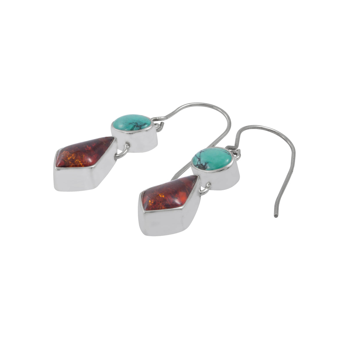 Sterling Silver Earring With Oval Turquoise, Drop Kite Amber Stone