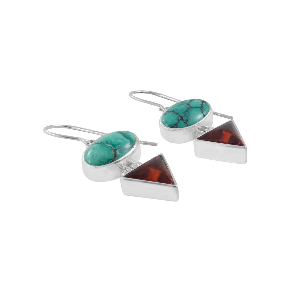 Sterling Silver Earring With Turquoise Oval, Amber Triangle Stone