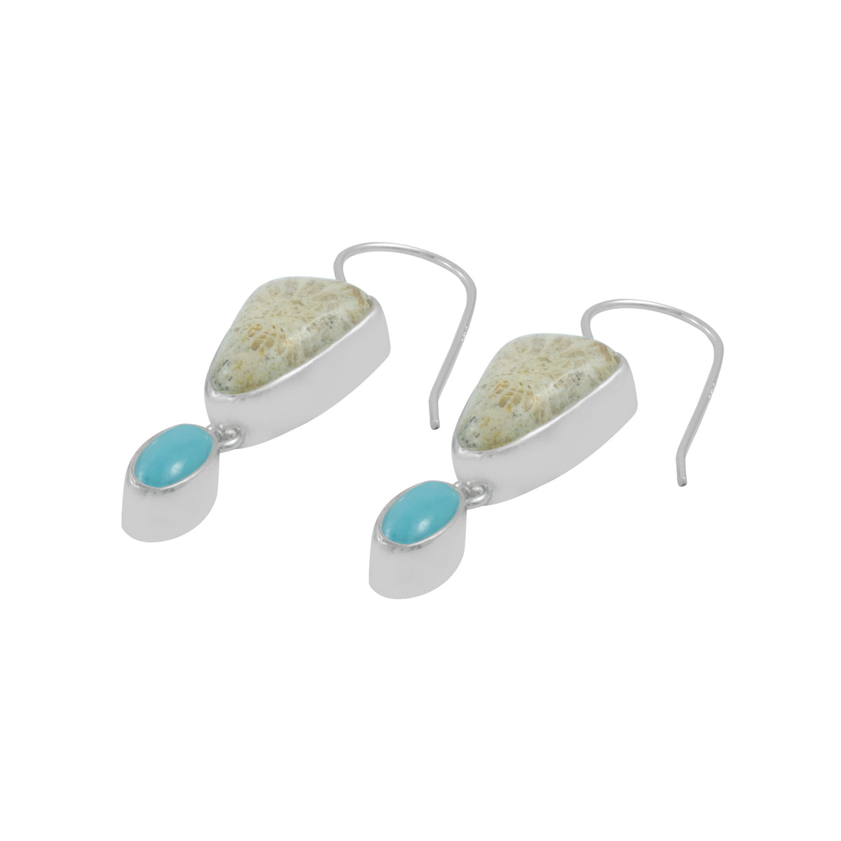 Sterling Silver Earring With Coral Tongue, Turquoise Oval Drop
