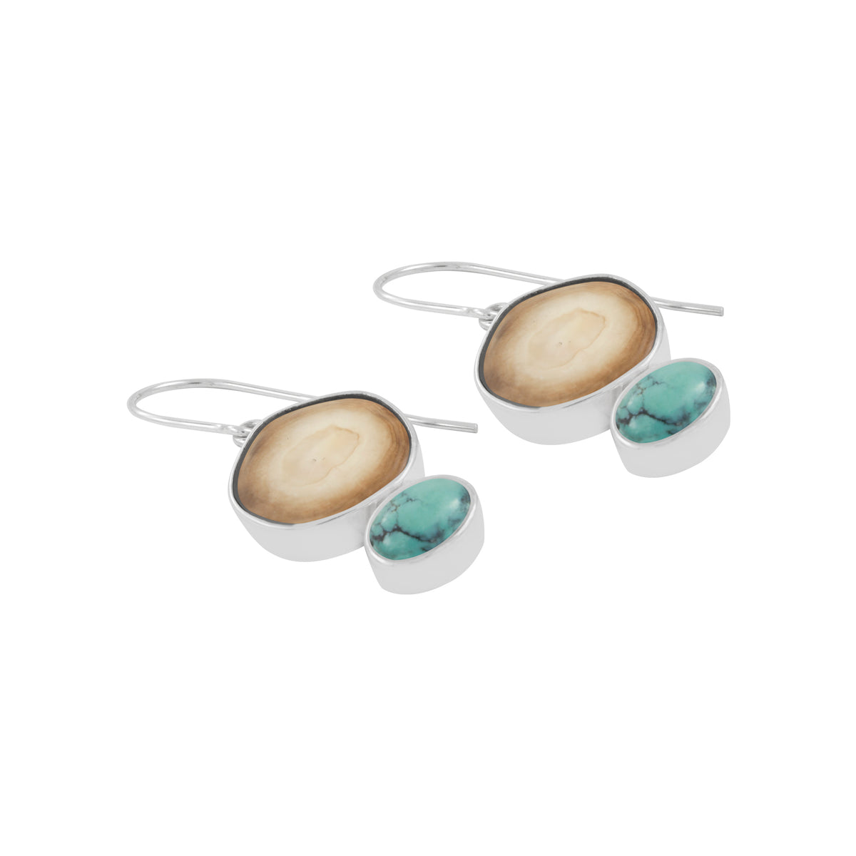 Sterling Silver Earring With Fossil Ivory And Turquoise Oval