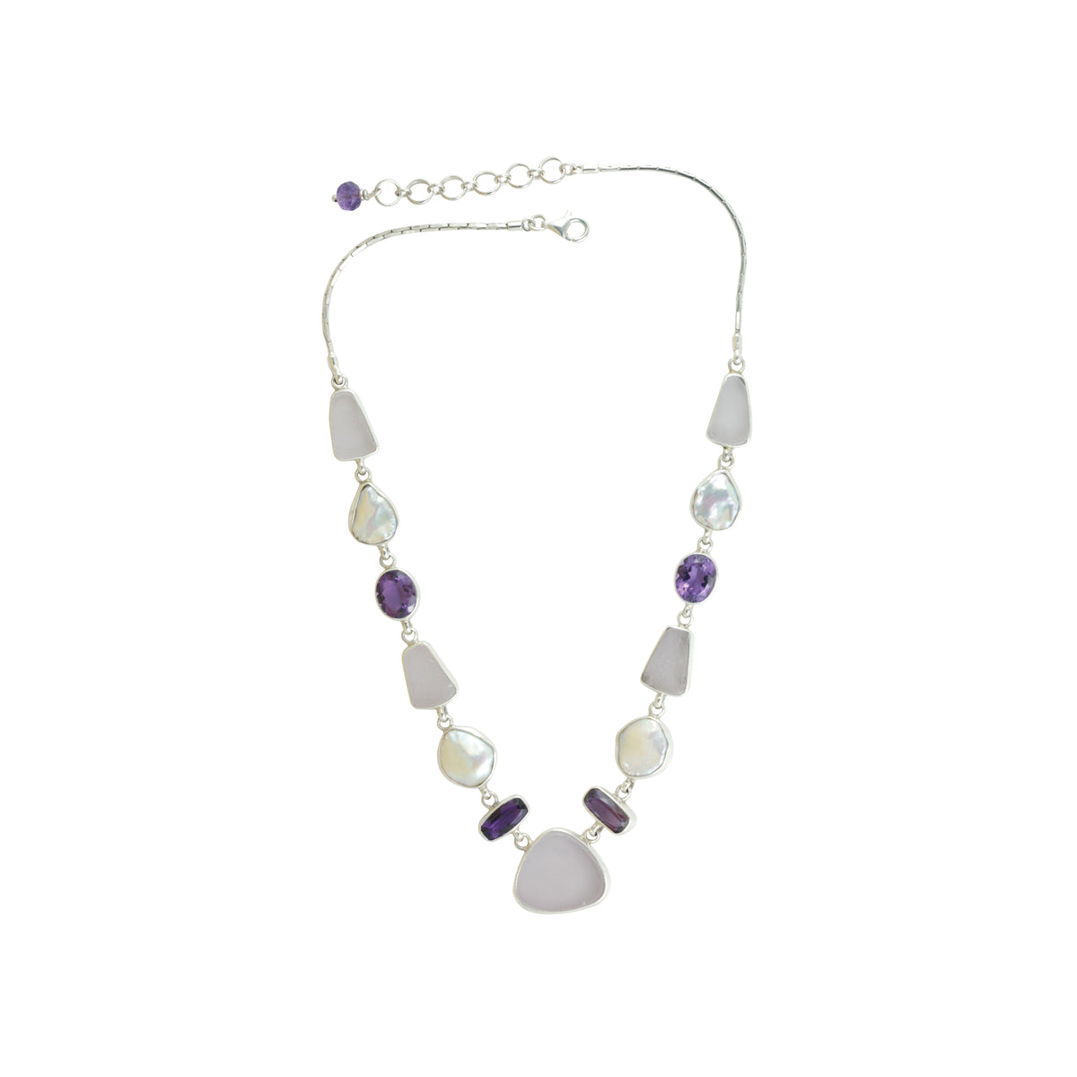 Sterling Silver Necklace With Paua Shell, Sea Glass Aqua, Pearl