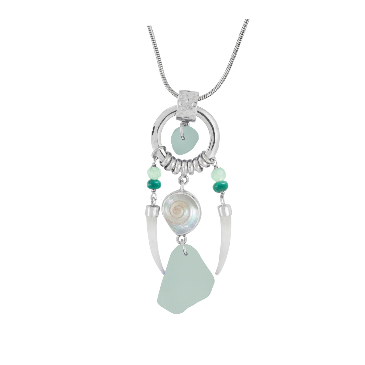 Sterling Silver Pendant With Sea Glass, Malabar Tubos Shell, Tusk Shell Drop