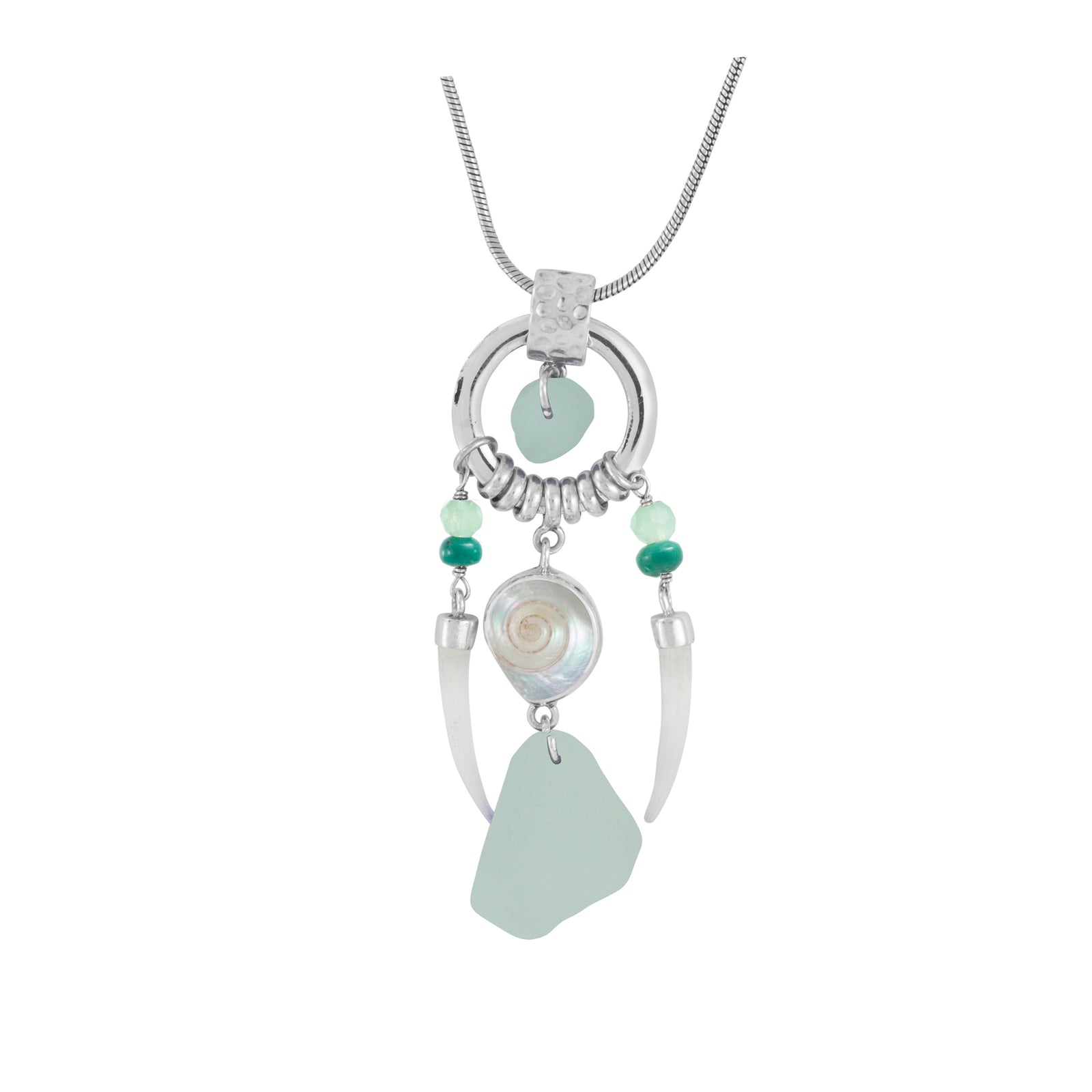 Sterling Silver Pendant With Sea Glass, Malabar Tubos Shell, Tusk Shell Drop