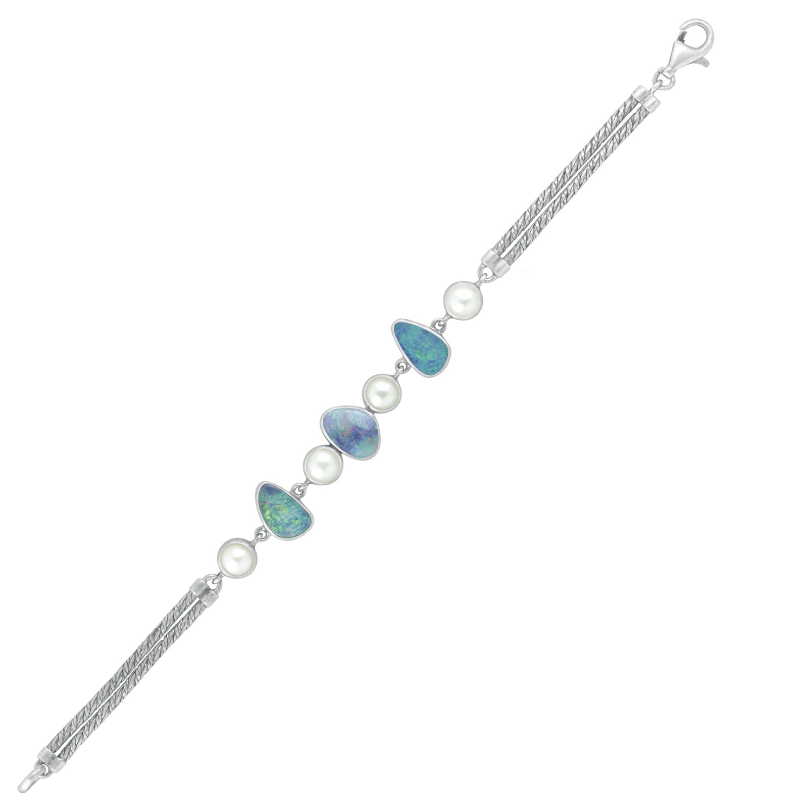 Sterling Silver Bracelet With Free Form Opal, Pearl Connect With Chain