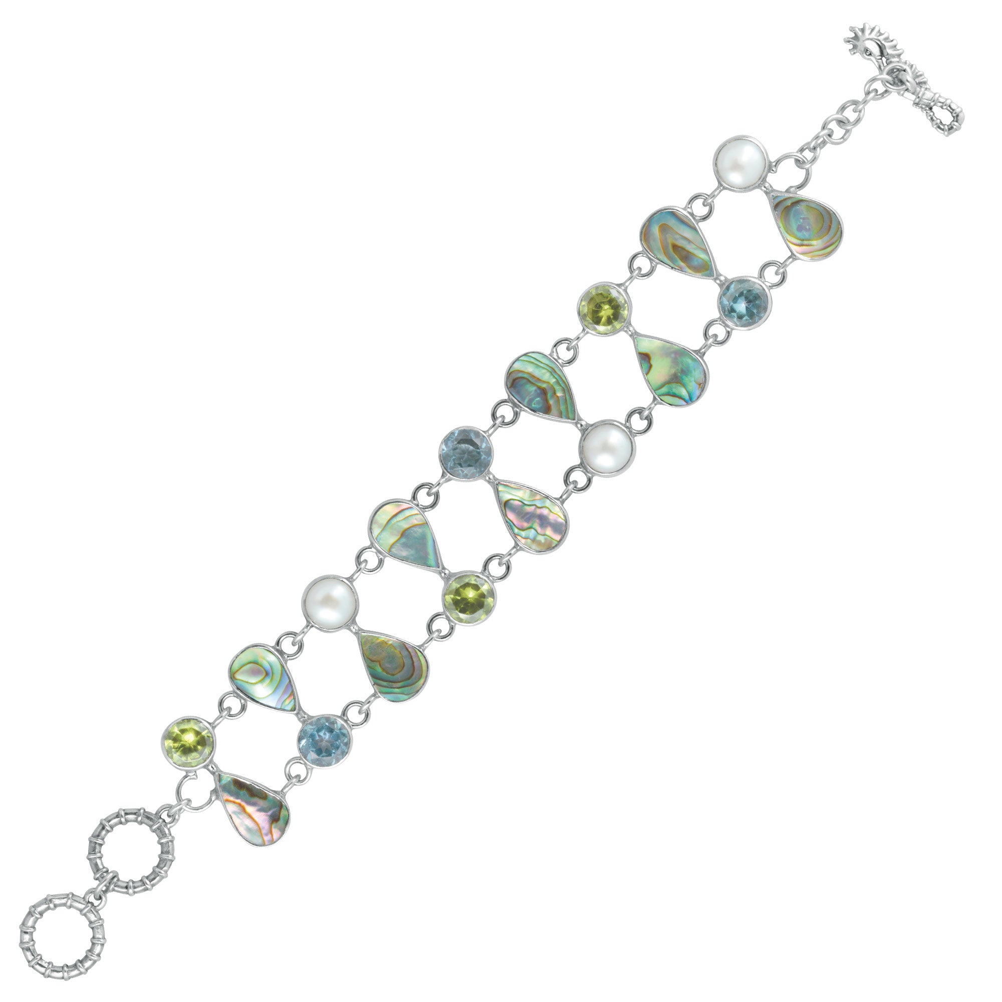 Sterling Silver Bracelet With Pear Paua,Round Blue Topaz & Peridot Stone
