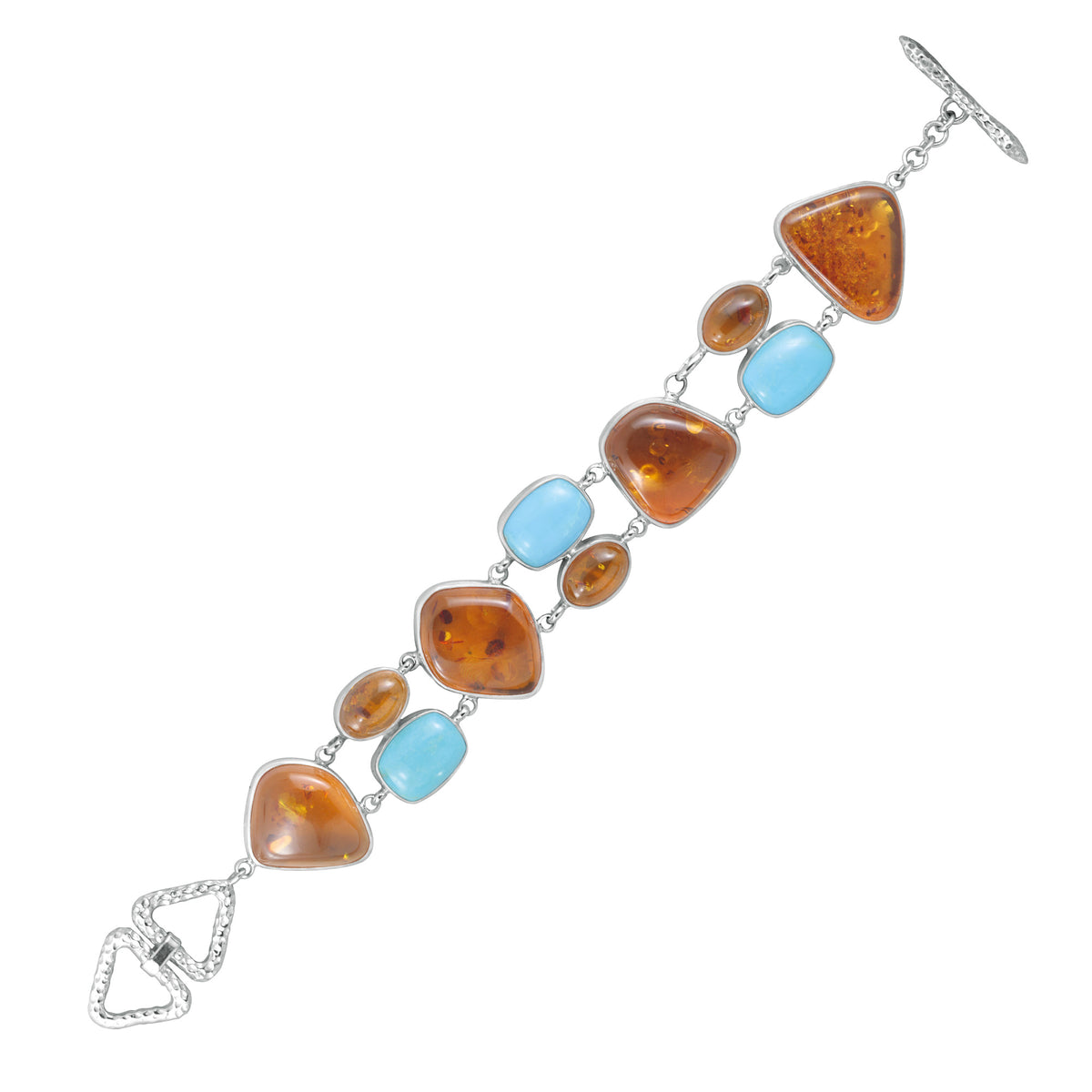 Sterling Silver Bracelet With Turquoise Rectangle, Amber Free Form And Oval Stone