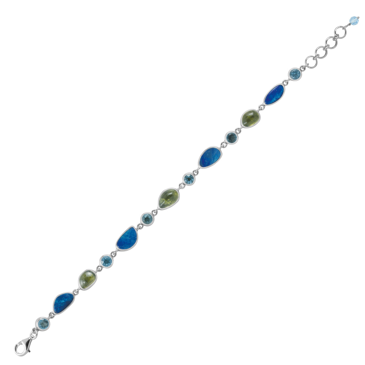 Sterling Silver Bracelet With Opal, Green Tourmaline Free Form, Blue Topaz Facet