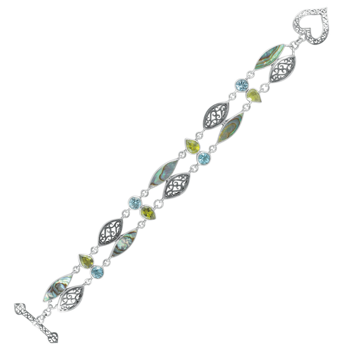 Sterling Silver Bracelet With Paua, Peridot, Blue Topaz &amp; Lace Component