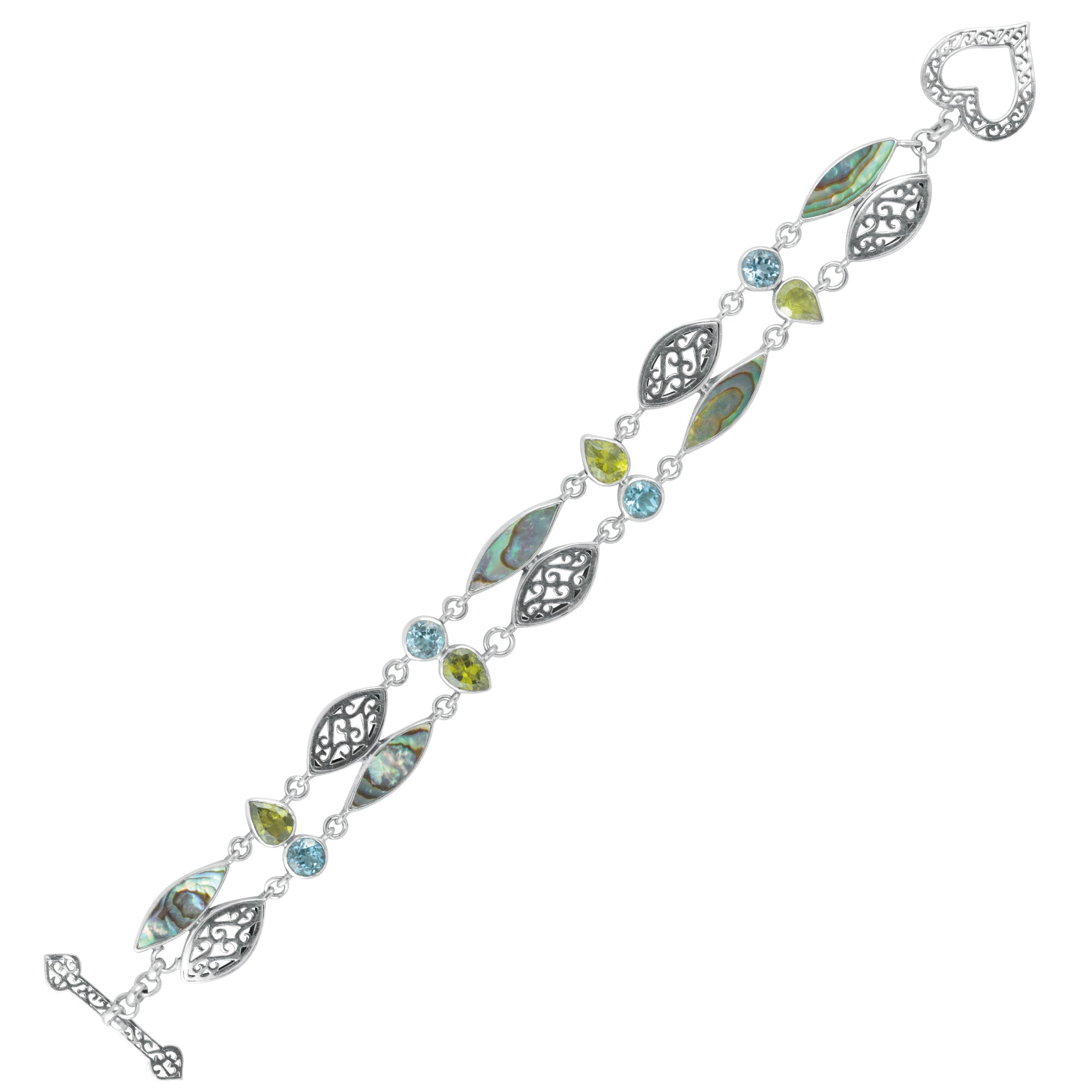 Sterling Silver Bracelet With Paua, Peridot, Blue Topaz & Lace Component