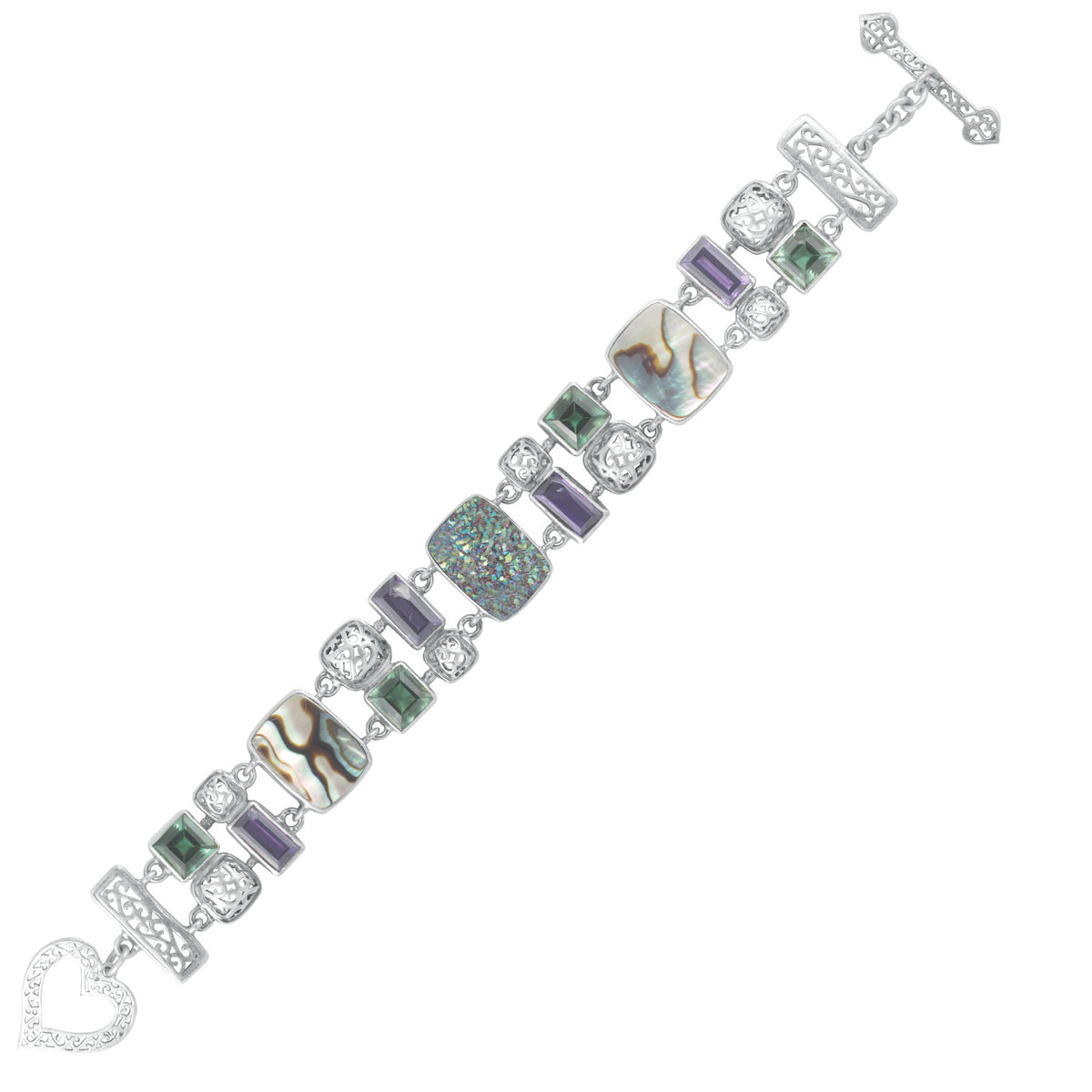 Sterling Silver Bracelet Lace Geometric Design With Druzy, Green Quartz, Amethyst, Paua Shell