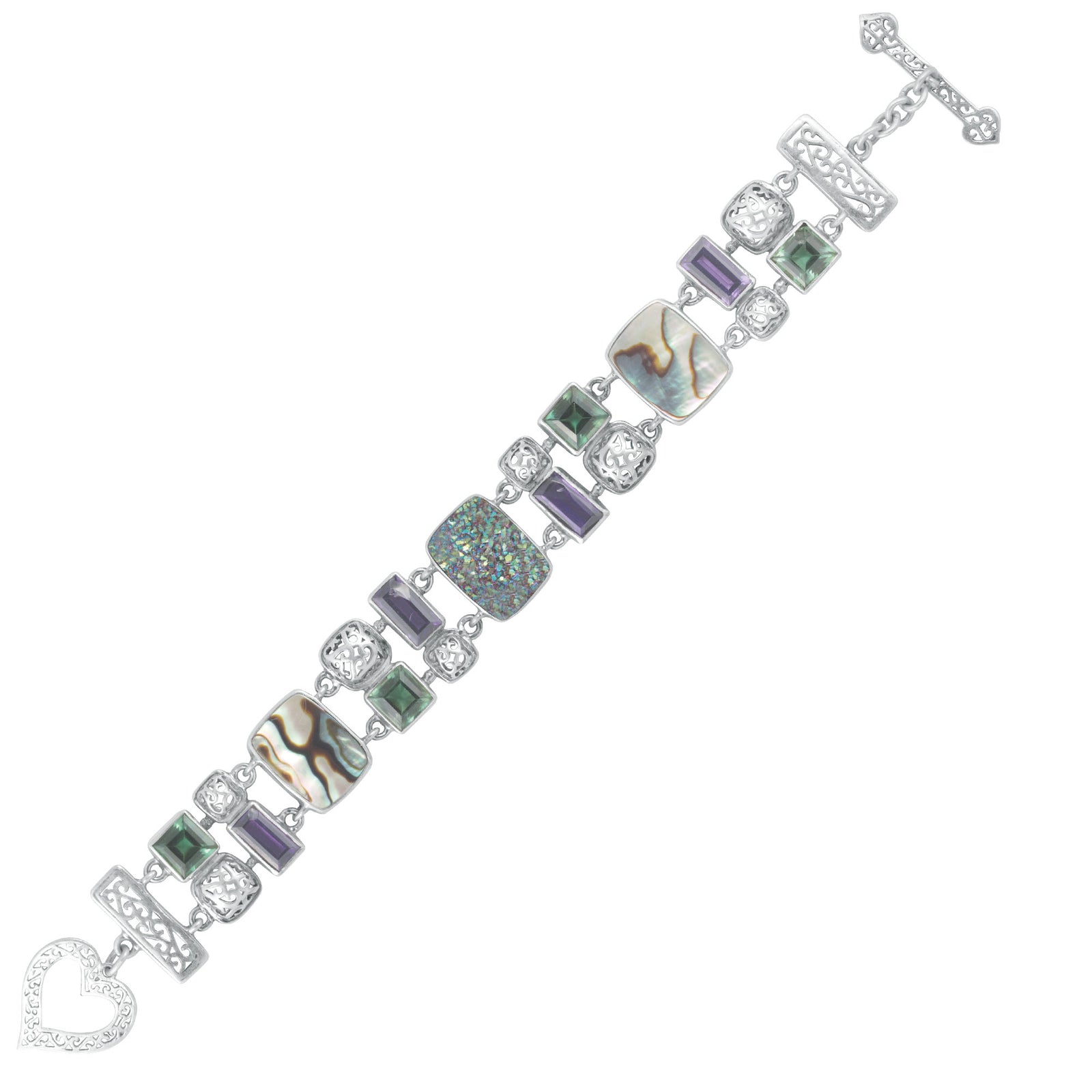 Sterling Silver Bracelet Lace Geometric Design With Druzy, Green Quartz, Amethyst, Paua Shell