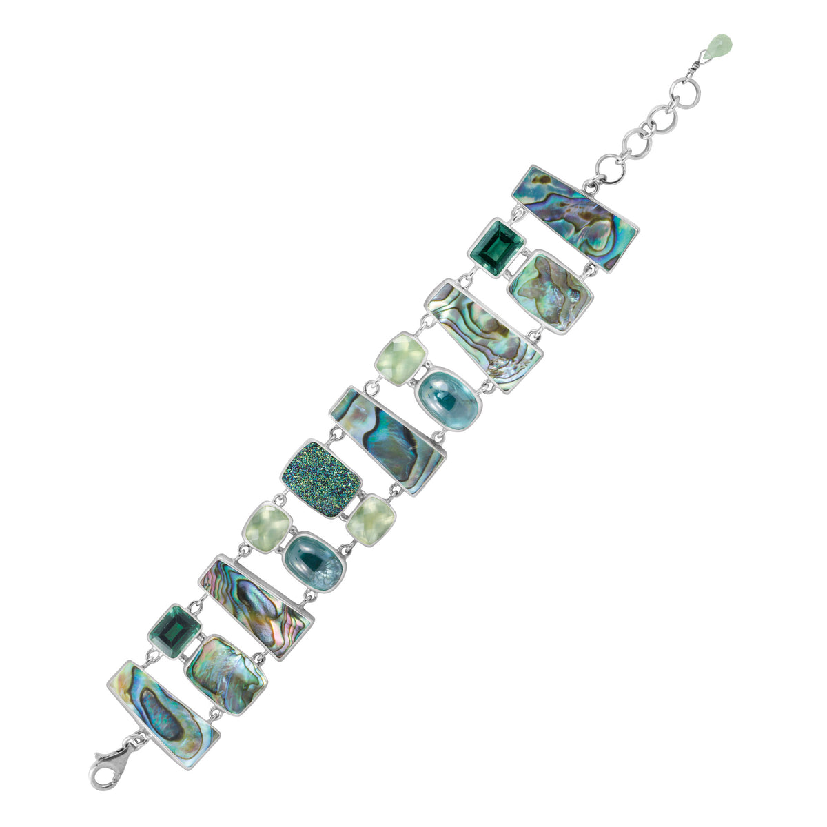 Sterling Silver Bracelet With Sruzy Cassiopiea Seas, Green Quartz, Paua, Praynite