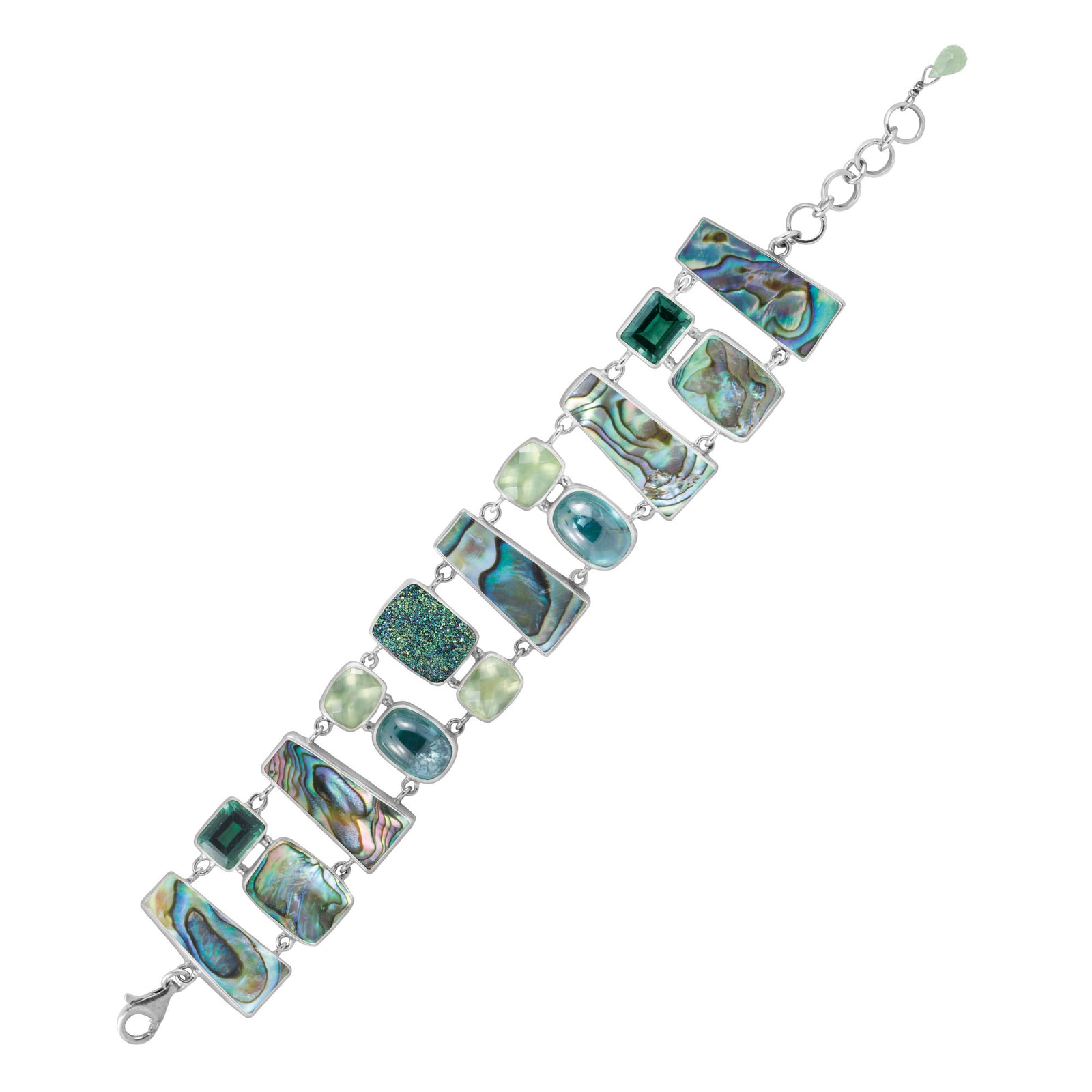 Sterling Silver Bracelet With Sruzy Cassiopiea Seas, Green Quartz, Paua, Praynite